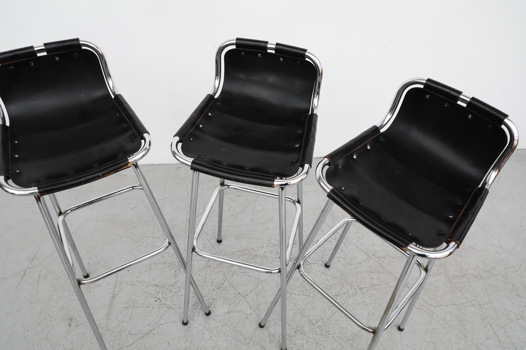 Set of 3 Charlotte Perriand Style Les Arcs Chrome & Black Leather Bar Stools For Sale 5