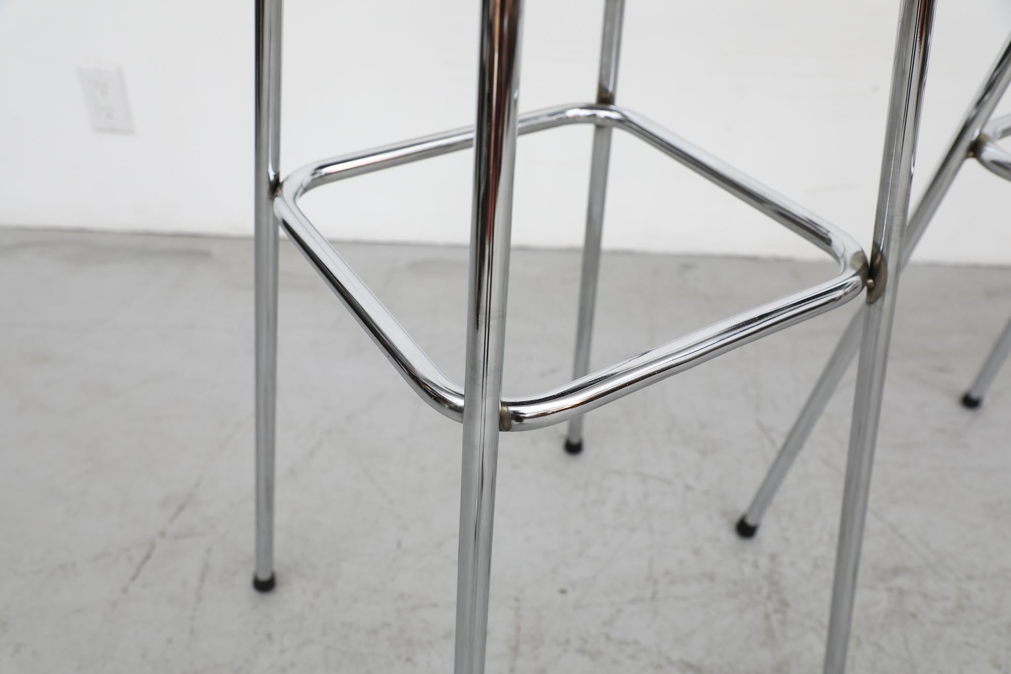 Set of 3 Charlotte Perriand Style Les Arcs Chrome & Black Leather Bar Stools For Sale 13