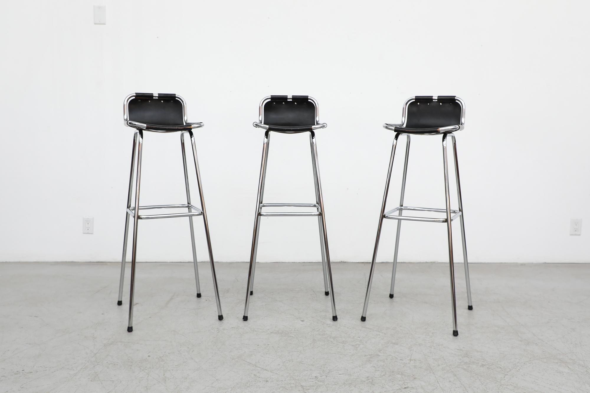 Set of 3 Charlotte Perriand Style Les Arcs Chrome & Black Leather Bar Stools For Sale 14