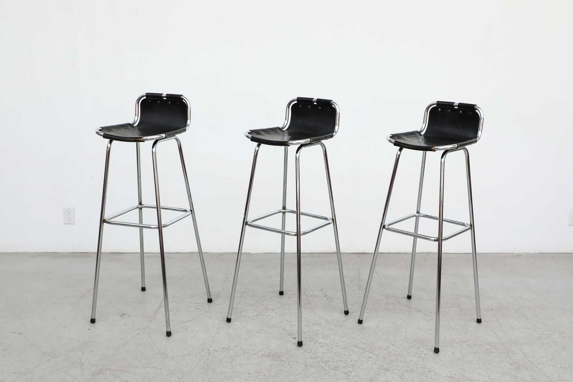 French Set of 3 Charlotte Perriand Style Les Arcs Chrome & Black Leather Bar Stools For Sale