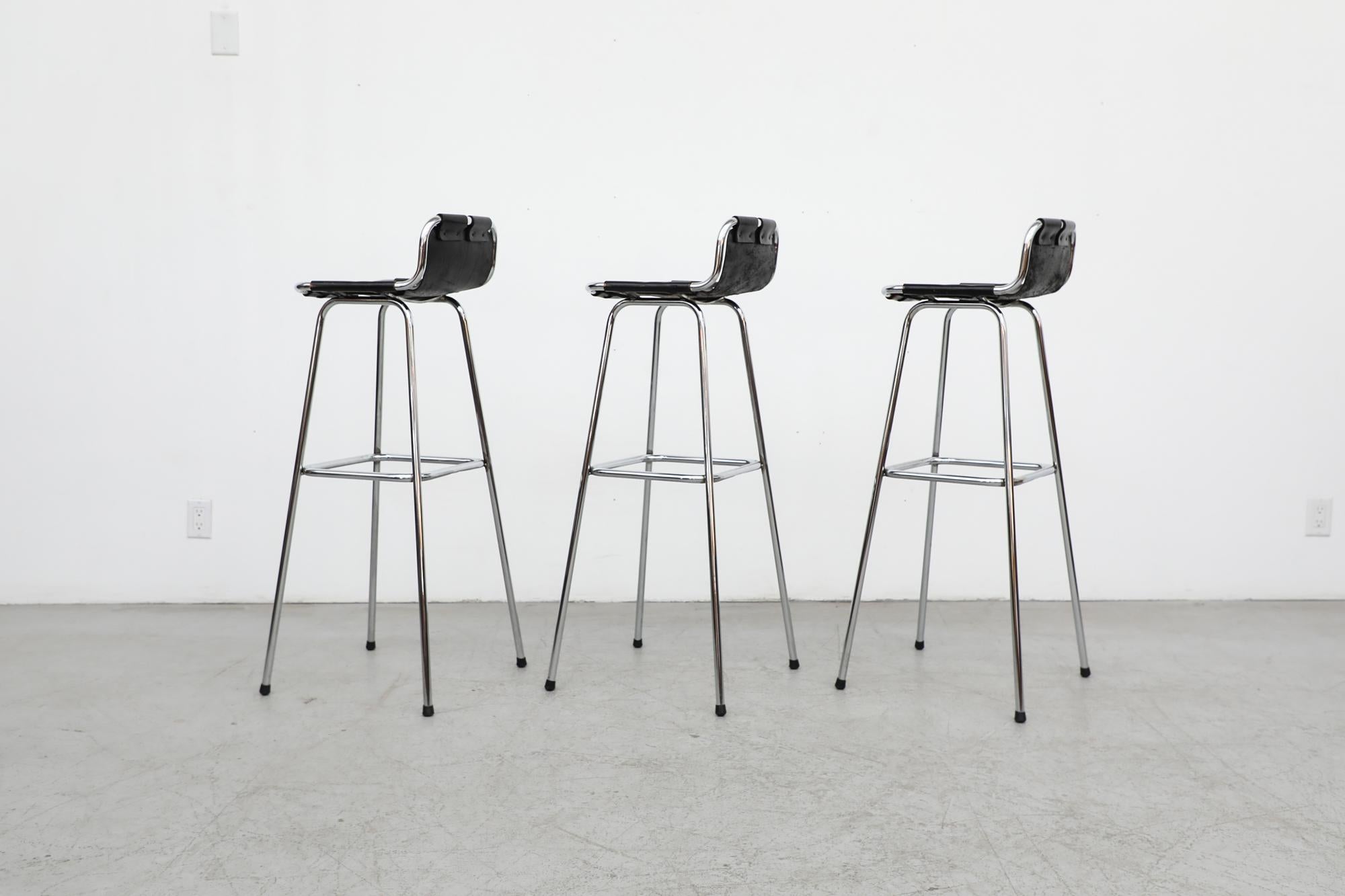 Mid-20th Century Set of 3 Charlotte Perriand Style Les Arcs Chrome & Black Leather Bar Stools For Sale