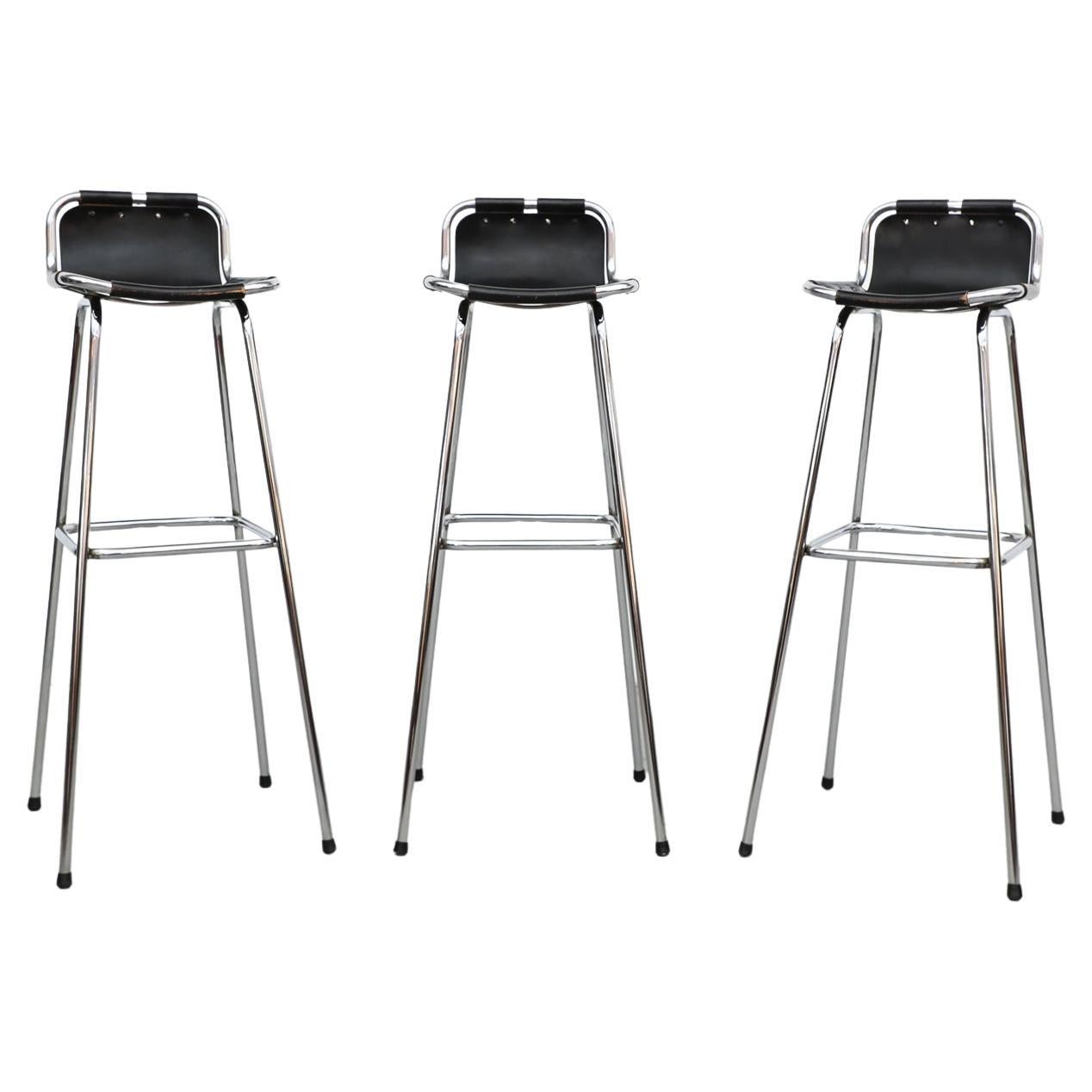 Set of 3 Charlotte Perriand Style Les Arcs Chrome & Black Leather Bar Stools For Sale