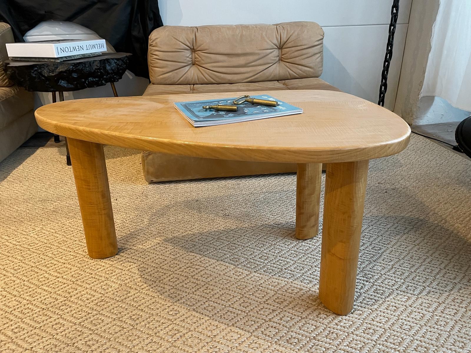 French Charlotte Perriand Style Midcentury Solid Elm Coffee Table, 1960s, France For Sale