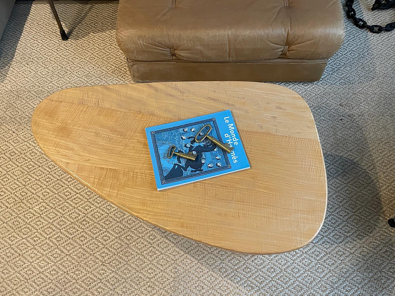 Hand-Crafted Charlotte Perriand Style Midcentury Solid Elm Coffee Table, 1960s, France For Sale