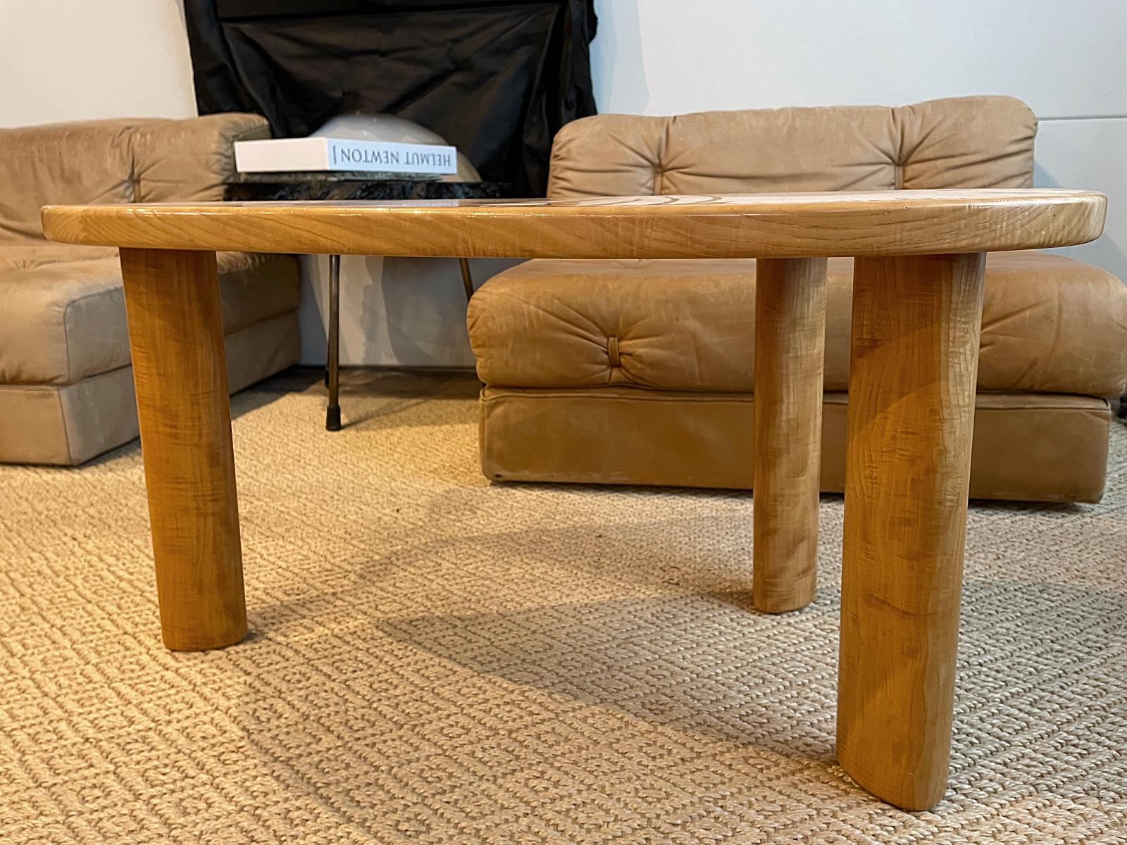Late 20th Century Charlotte Perriand Style Midcentury Solid Elm Coffee Table, 1960s, France For Sale