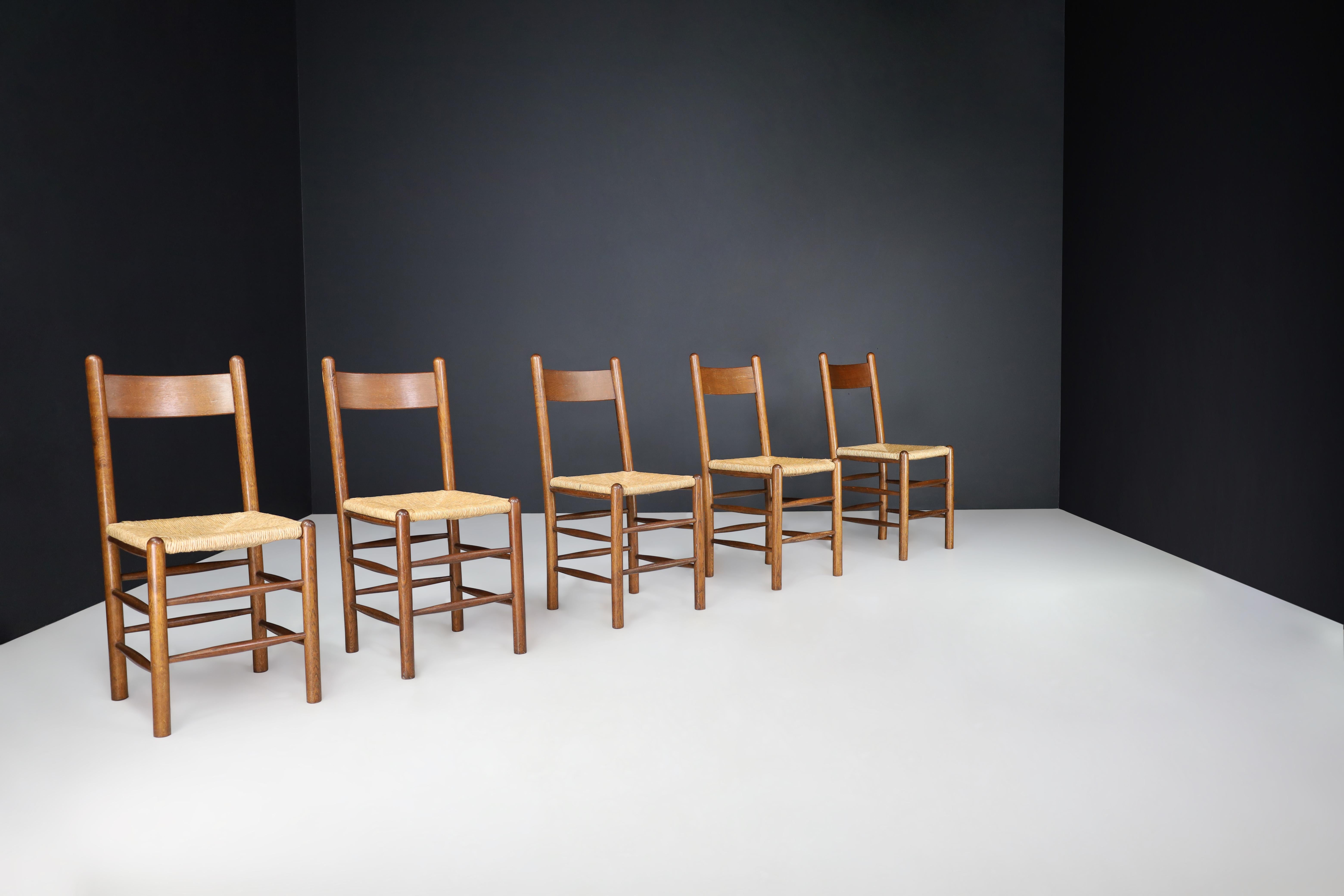Charlotte Perriand Style Oak and Rush Dining Room Chairs, France, 1960s For Sale 4