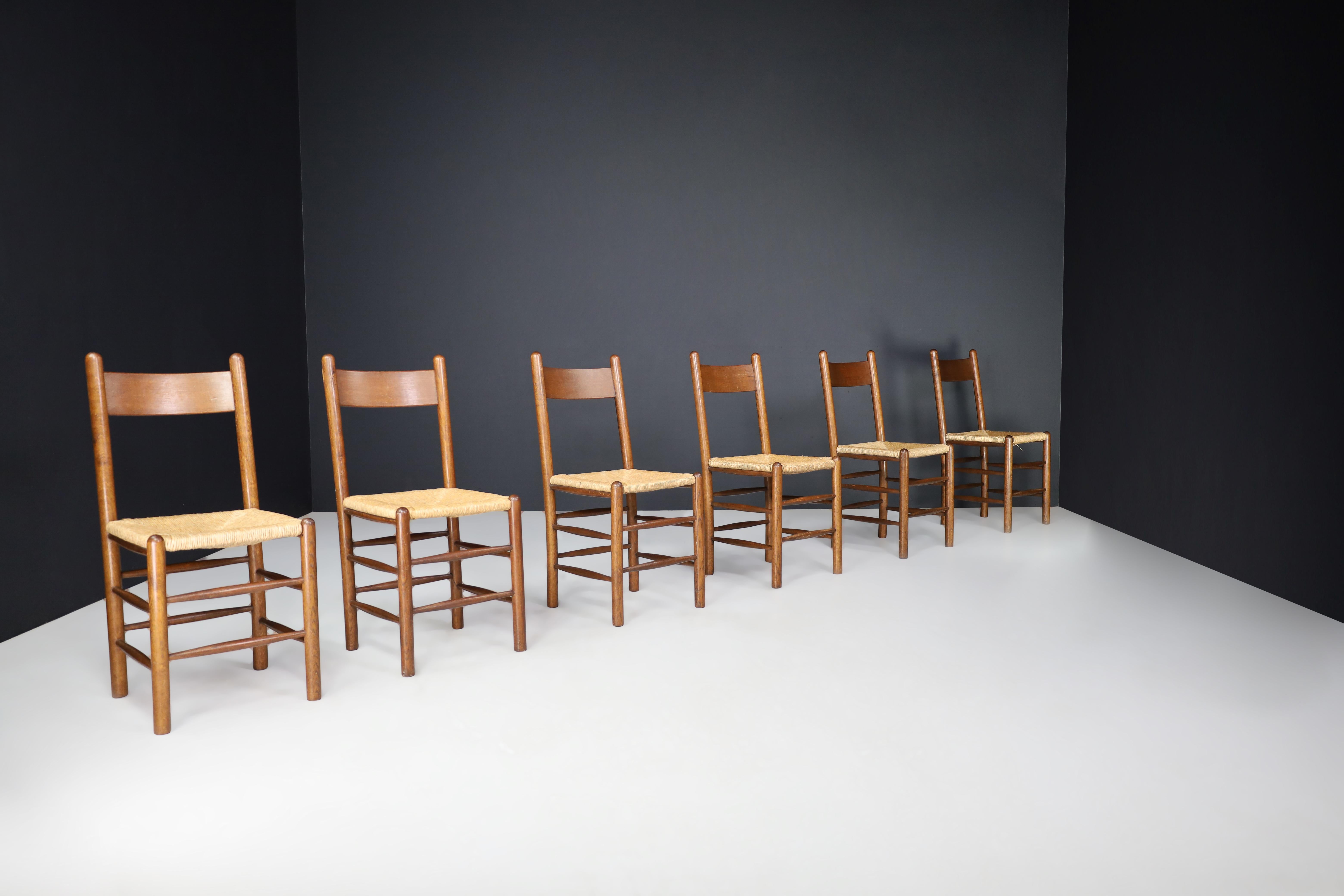 Charlotte Perriand Style Oak and Rush Dining Room Chairs, France, 1960s For Sale 5