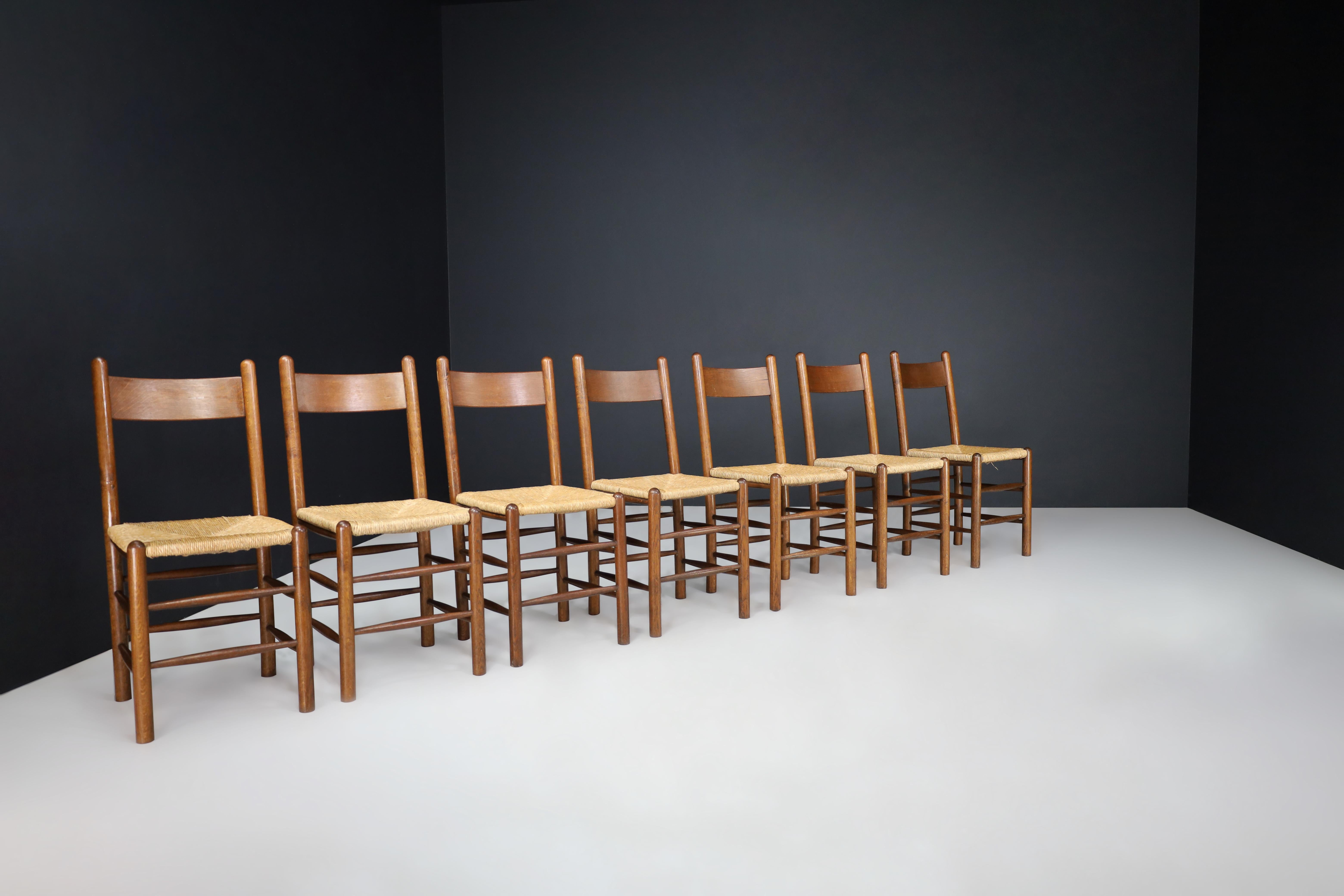 Charlotte Perriand Style Oak and Rush Dining Room Chairs, France, 1960s For Sale 6