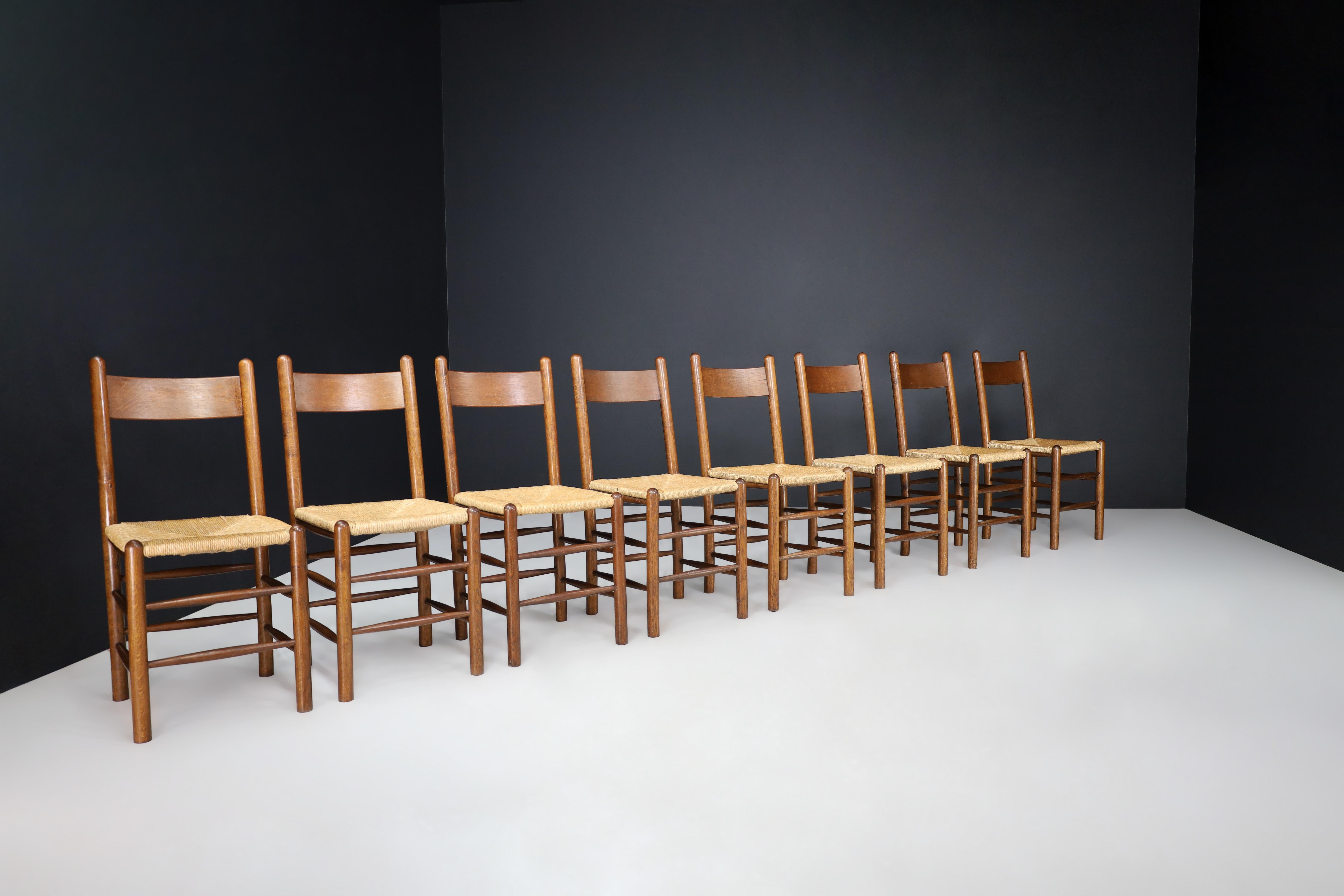 Charlotte Perriand Style Oak and Rush Dining Room Chairs, France, 1960s For Sale 7