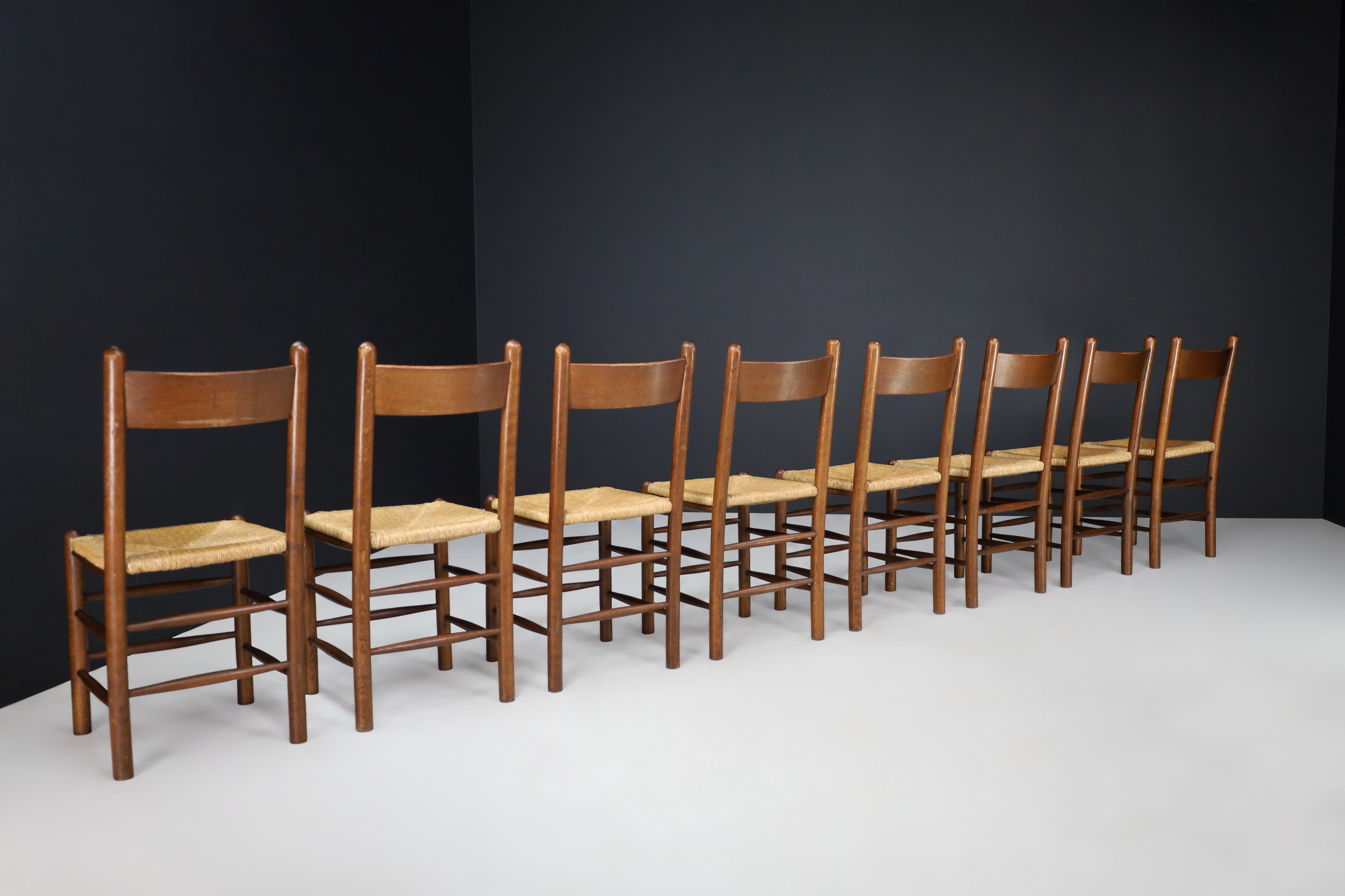 Mid-Century Modern Charlotte Perriand Style Oak and Rush Dining Room Chairs, France, 1960s For Sale
