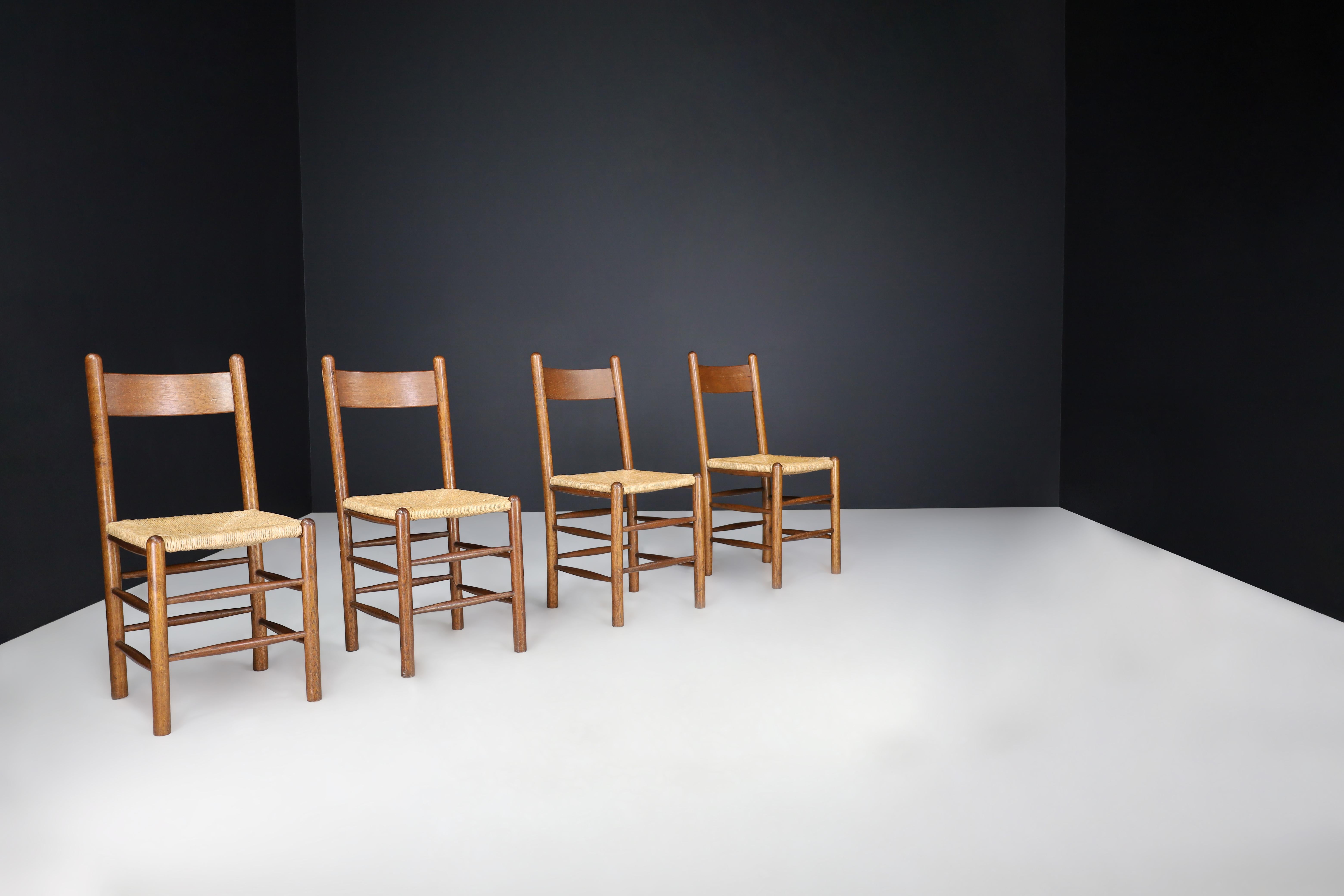 Charlotte Perriand Style Oak and Rush Dining Room Chairs, France, 1960s For Sale 3