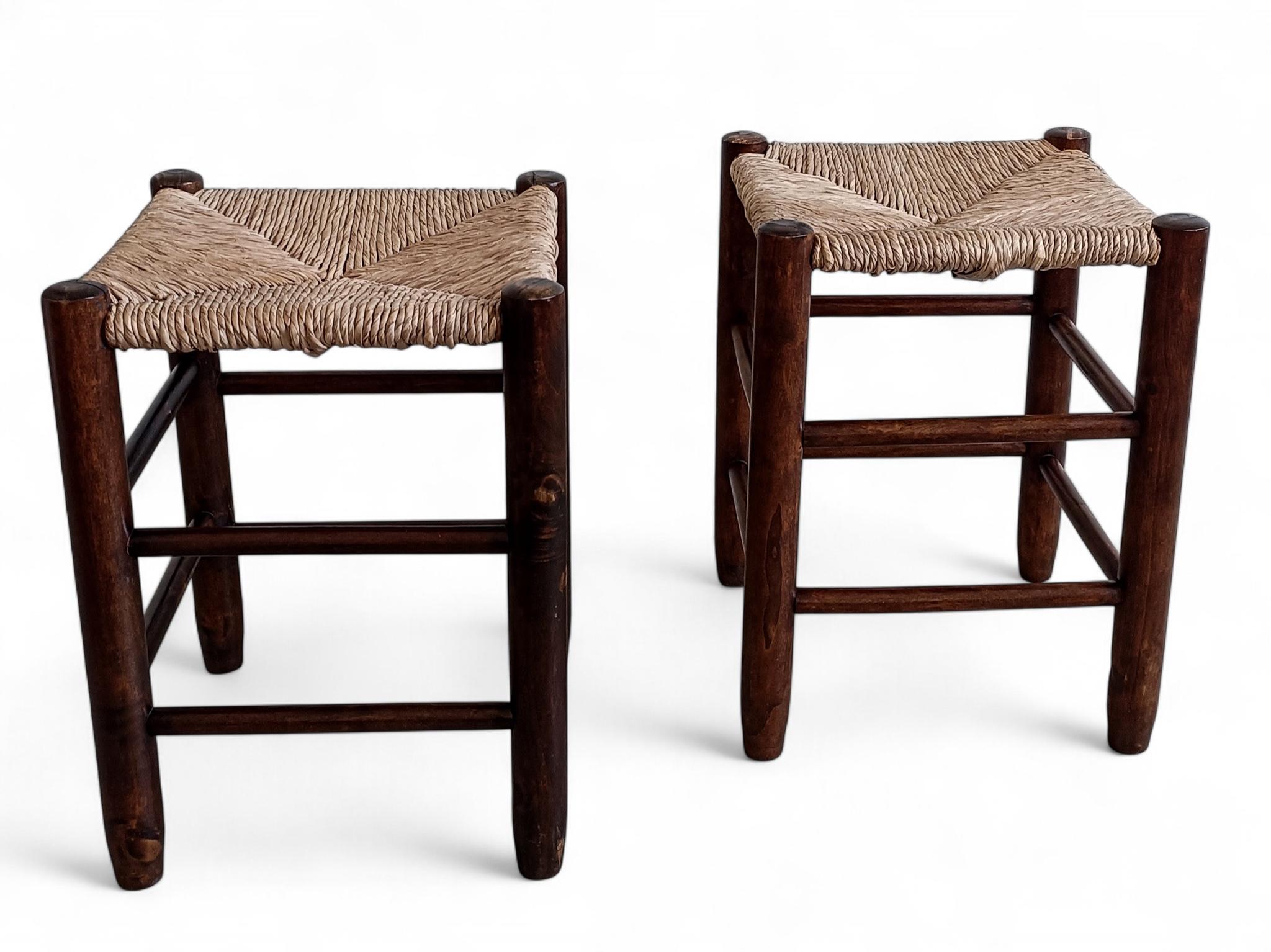 Charlotte Perriand Style, Pair of Rustic Wood and Straw Stools, France, c. 1950s For Sale 5