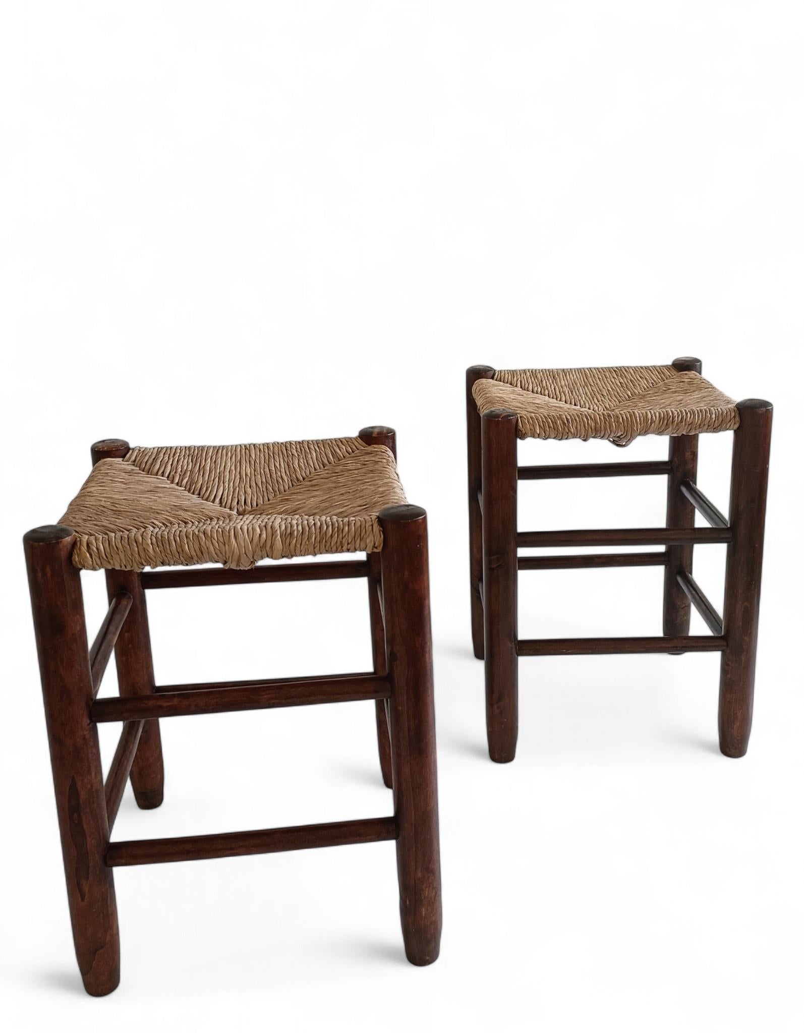 Charlotte Perriand Style, Pair of Rustic Wood and Straw Stools, France, c. 1950s For Sale 8