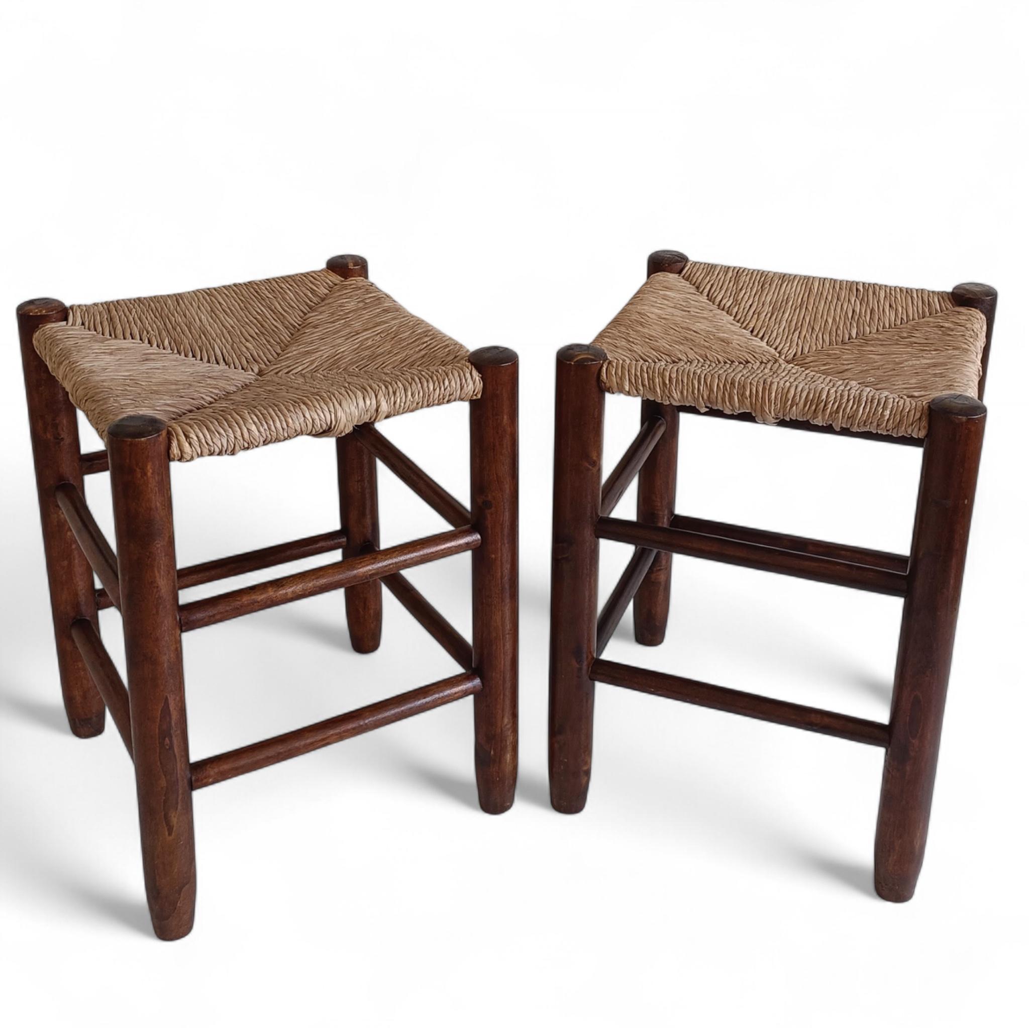 Mid-20th Century Charlotte Perriand Style, Pair of Rustic Wood and Straw Stools, France, c. 1950s For Sale