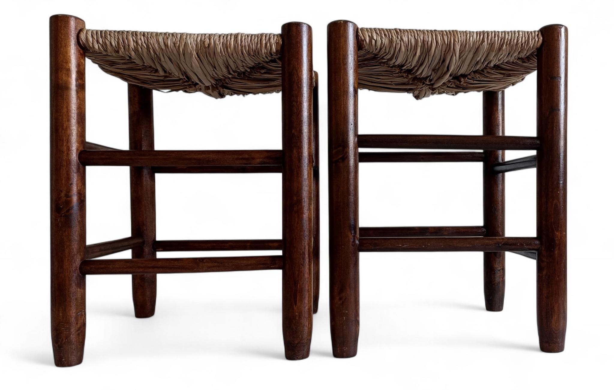 Natural Fiber Charlotte Perriand Style, Pair of Rustic Wood and Straw Stools, France, c. 1950s For Sale