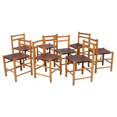 Charlotte Perriand Style Pine and Leather "TH" Dining Chairs