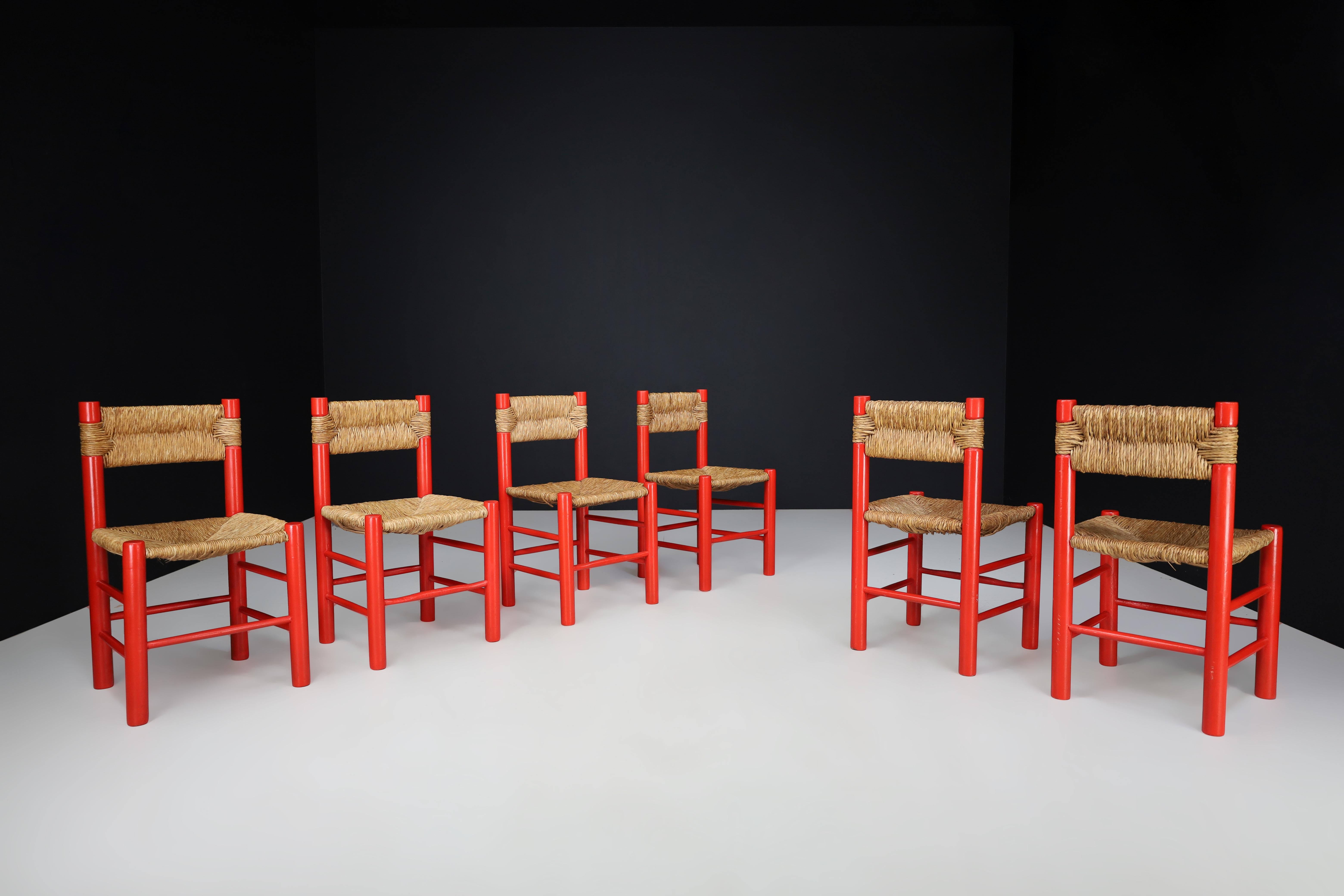 Mid-Century Modern Charlotte Perriand Style Red Painted Beech and Rush Dining Room Chairs, 1960s For Sale