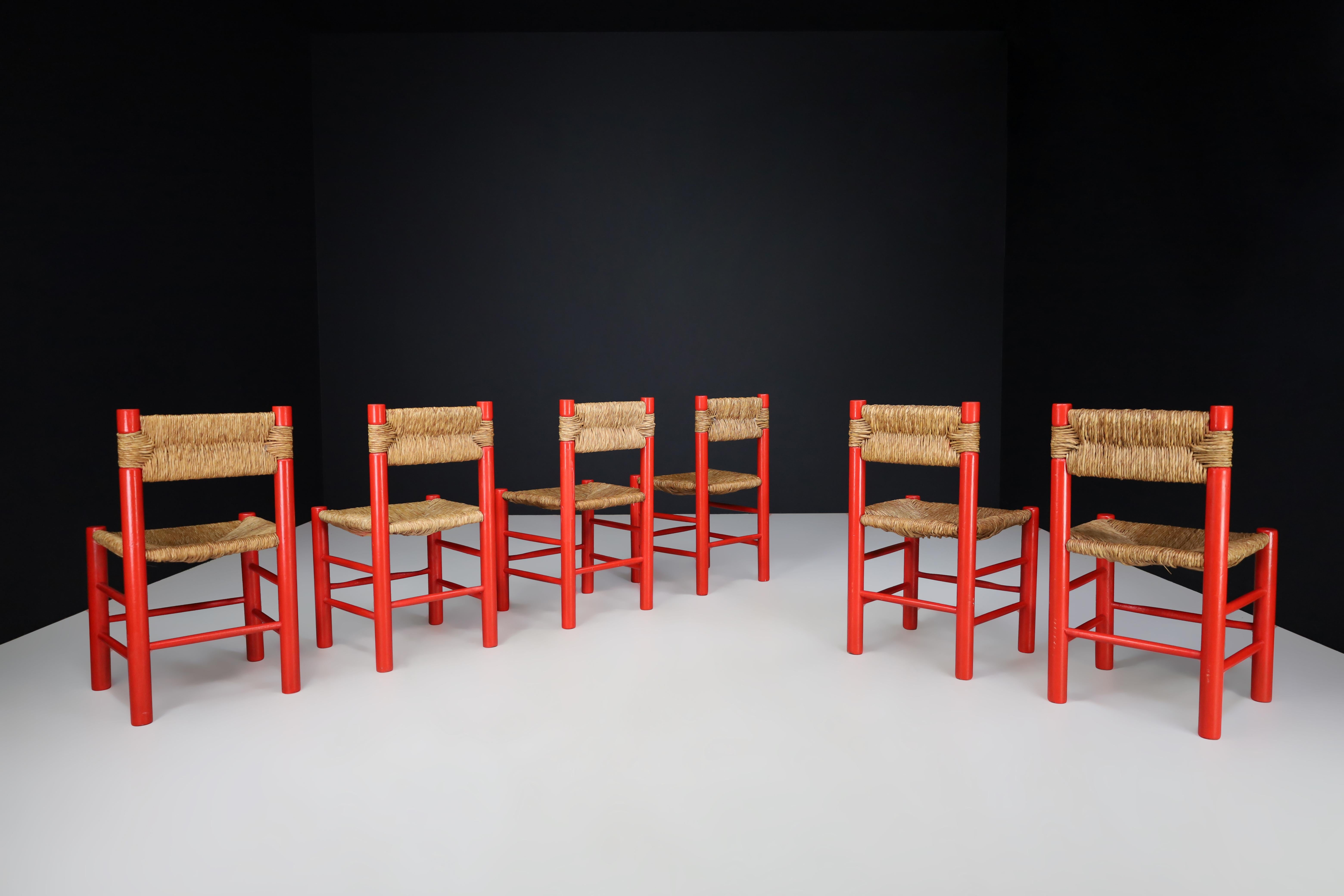 French Charlotte Perriand Style Red Painted Beech and Rush Dining Room Chairs, 1960s For Sale