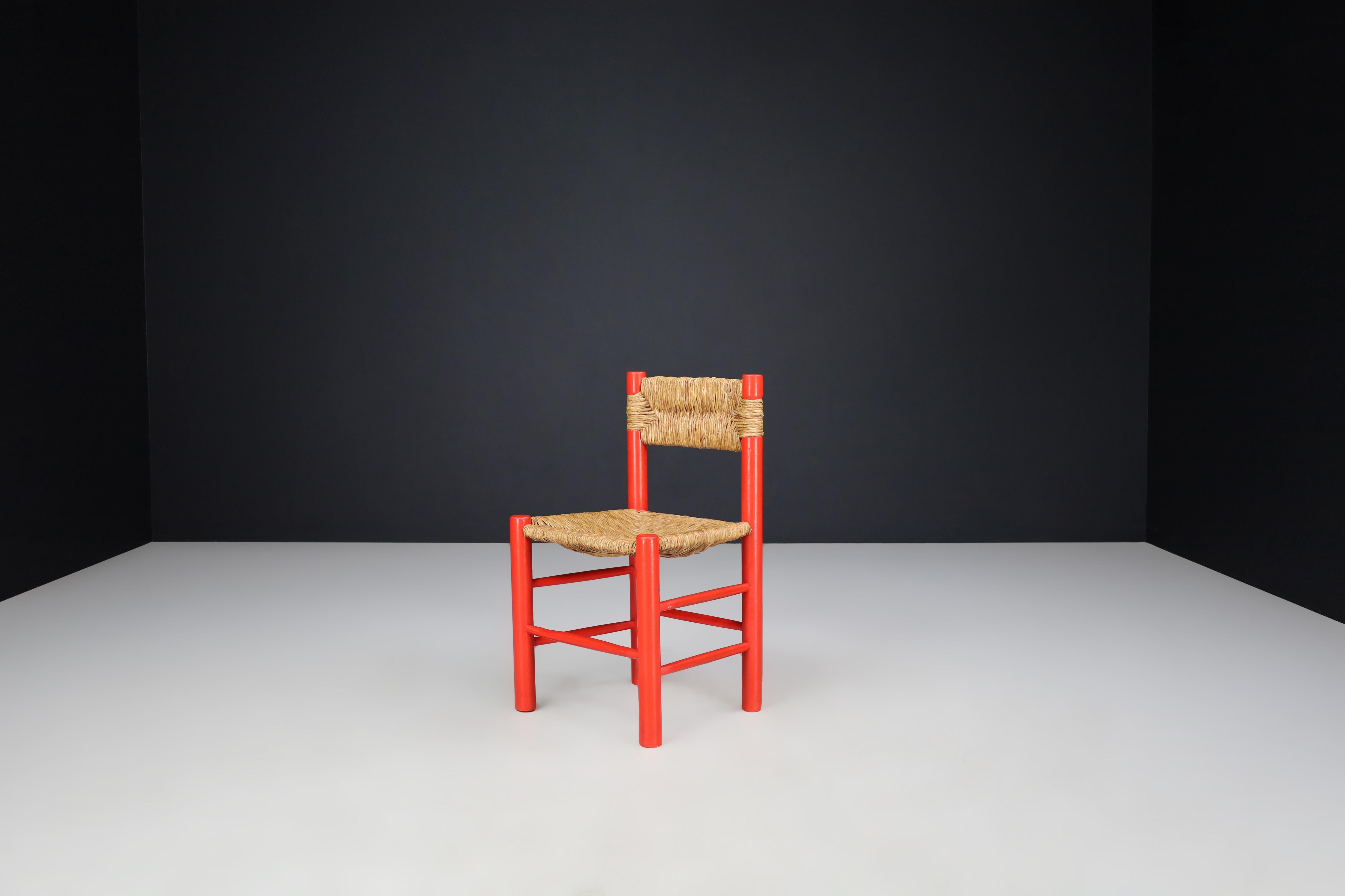 Mid-20th Century Charlotte Perriand Style Red Painted Beech and Rush Dining Room Chairs, 1960s For Sale