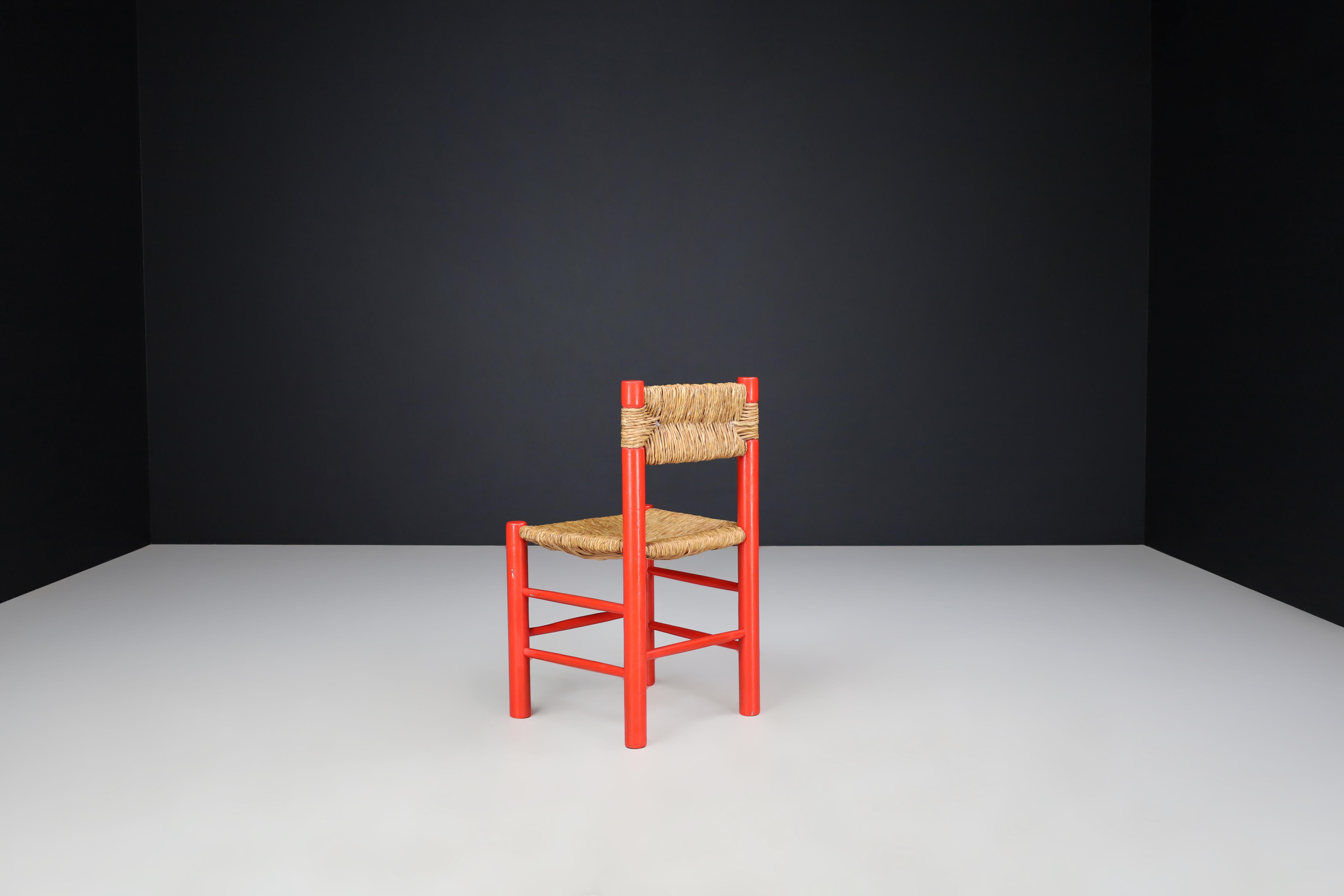 Charlotte Perriand Style Red Painted Beech and Rush Dining Room Chairs, 1960s 2