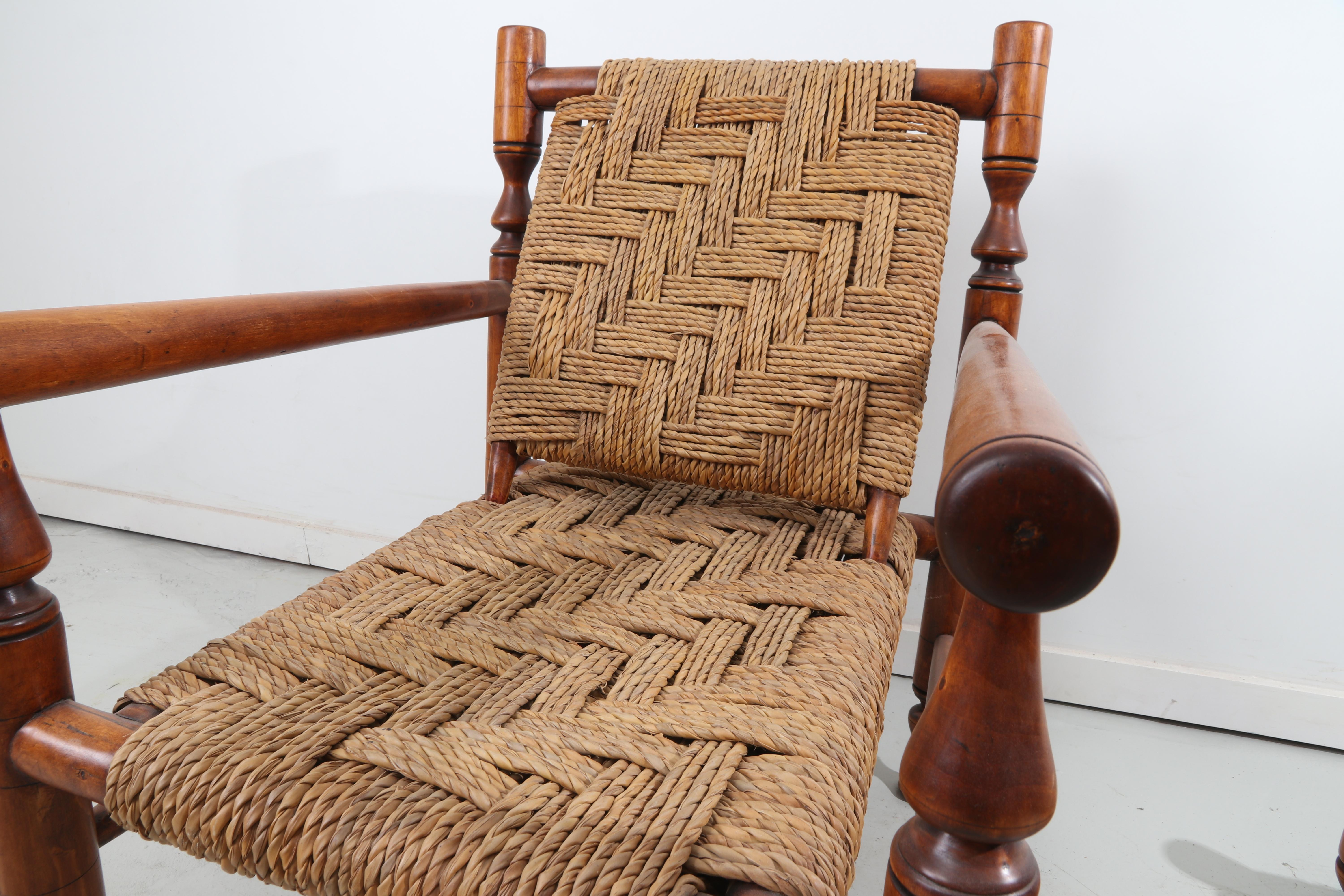 French Charlotte Perriand Style Rope Lounge Chair with Pair of Stools For Sale