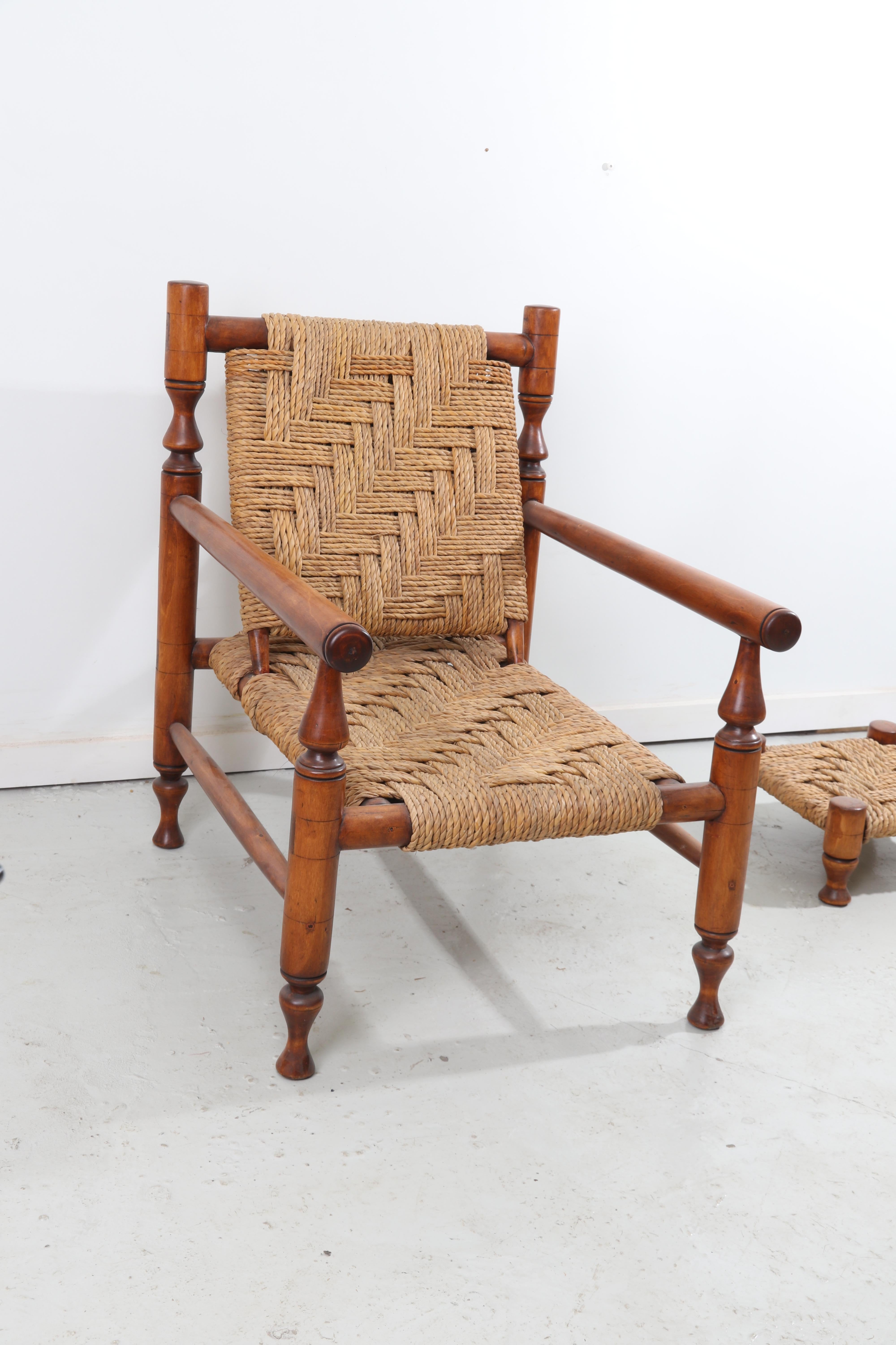 Mid-20th Century Charlotte Perriand Style Rope Lounge Chair with Pair of Stools For Sale