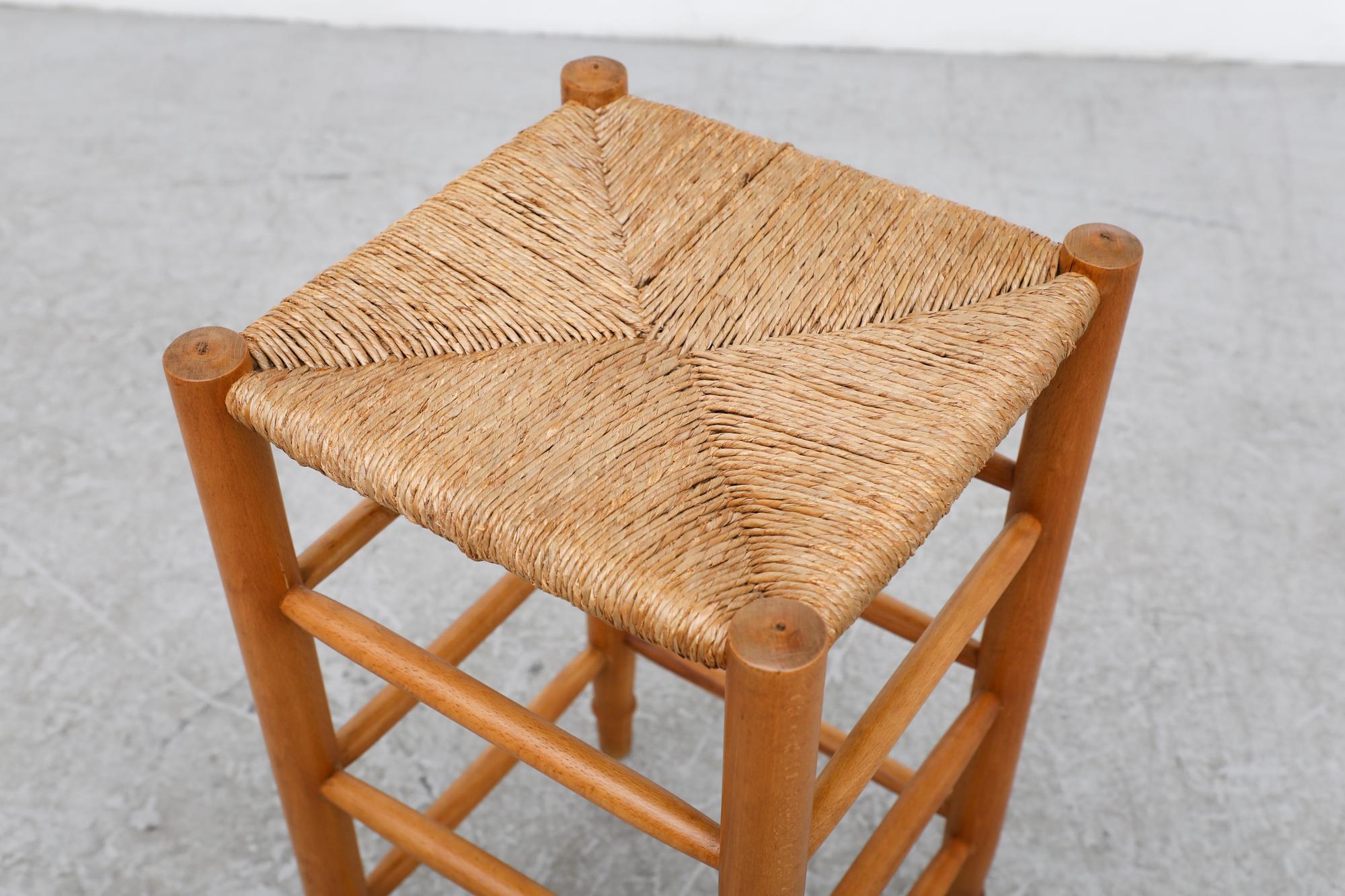 Late 20th Century Charlotte Perriand Style Rush and Oak Counter Height Stool with Rounded Legs For Sale
