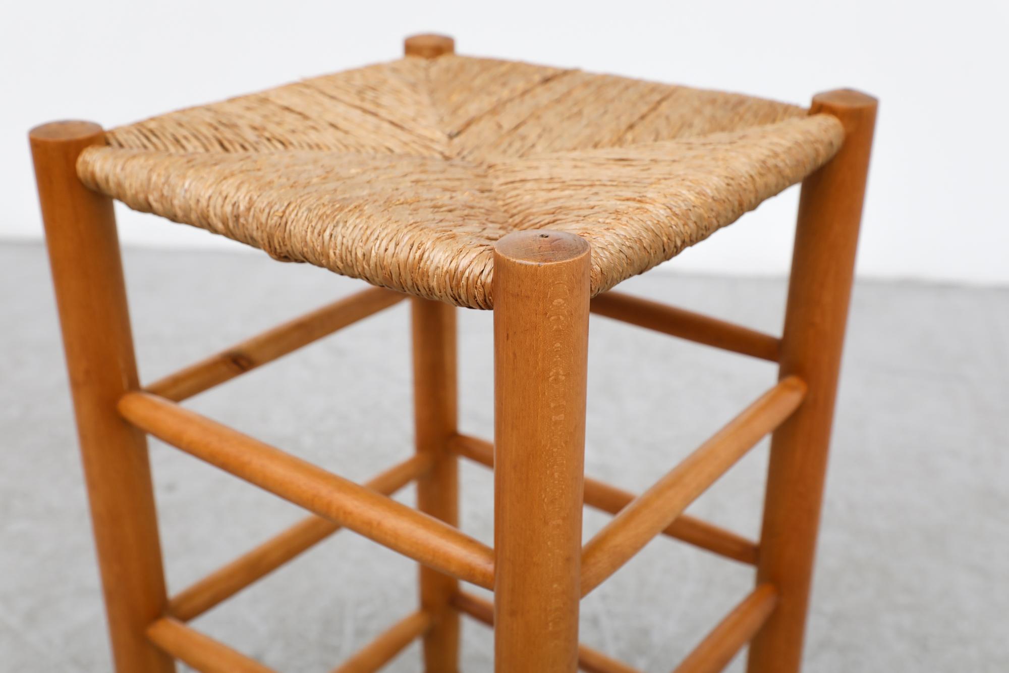 Charlotte Perriand Style Rush and Oak Counter Height Stool with Rounded Legs For Sale 2