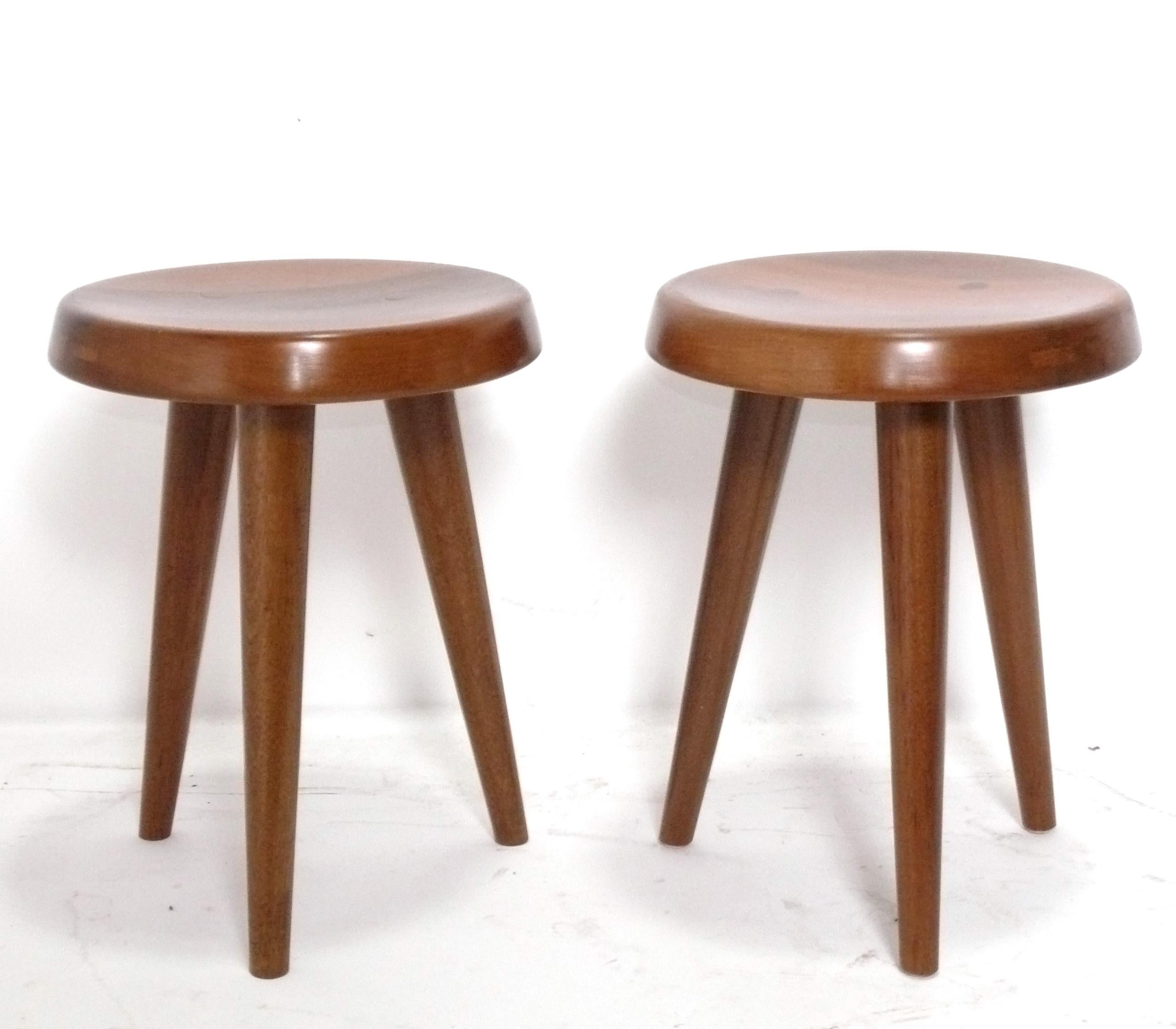 Mid-Century Modern Charlotte Perriand Style Tripod Wood Stools Pair Available For Sale