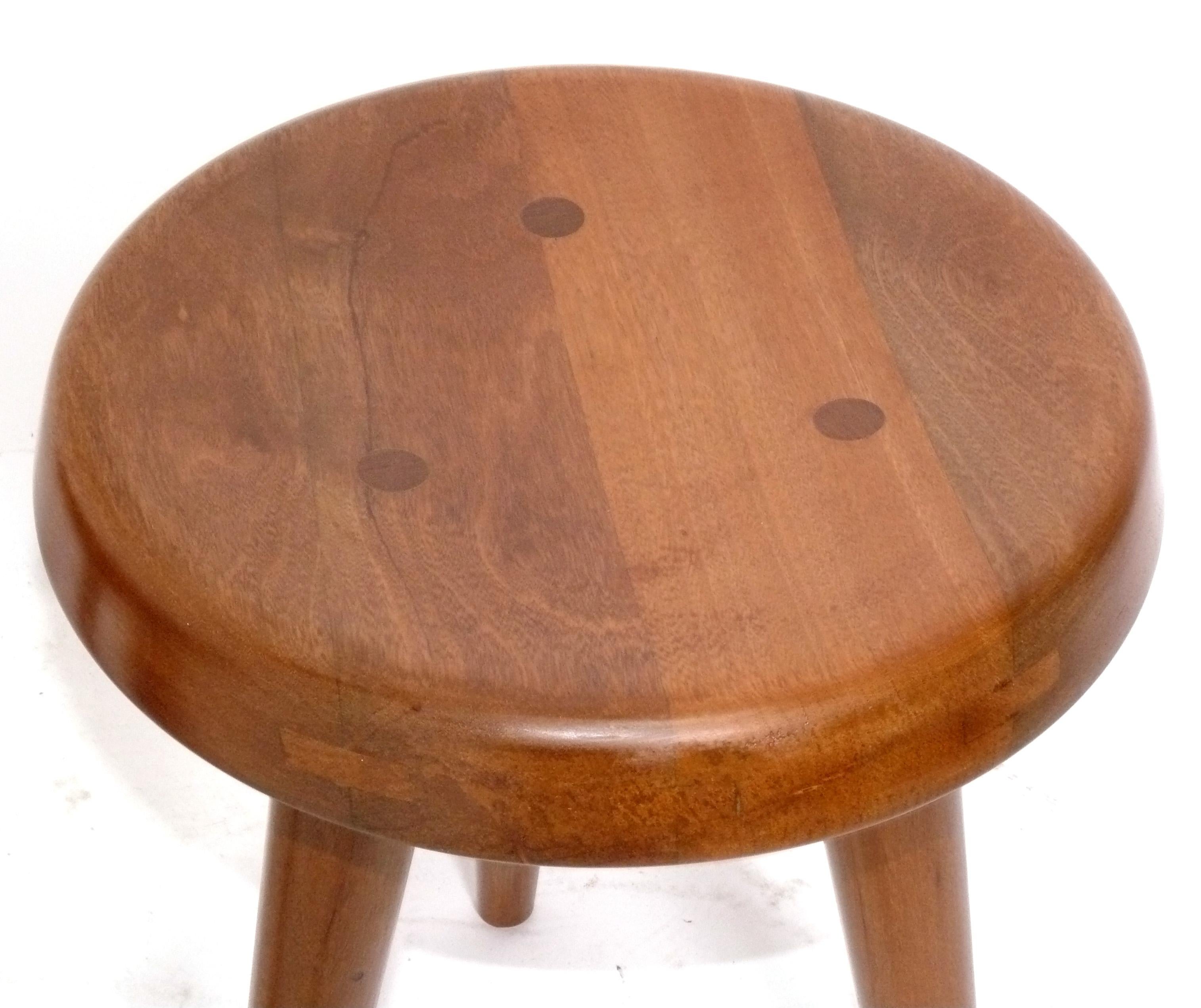 French Charlotte Perriand Style Tripod Wood Stools Pair Available For Sale