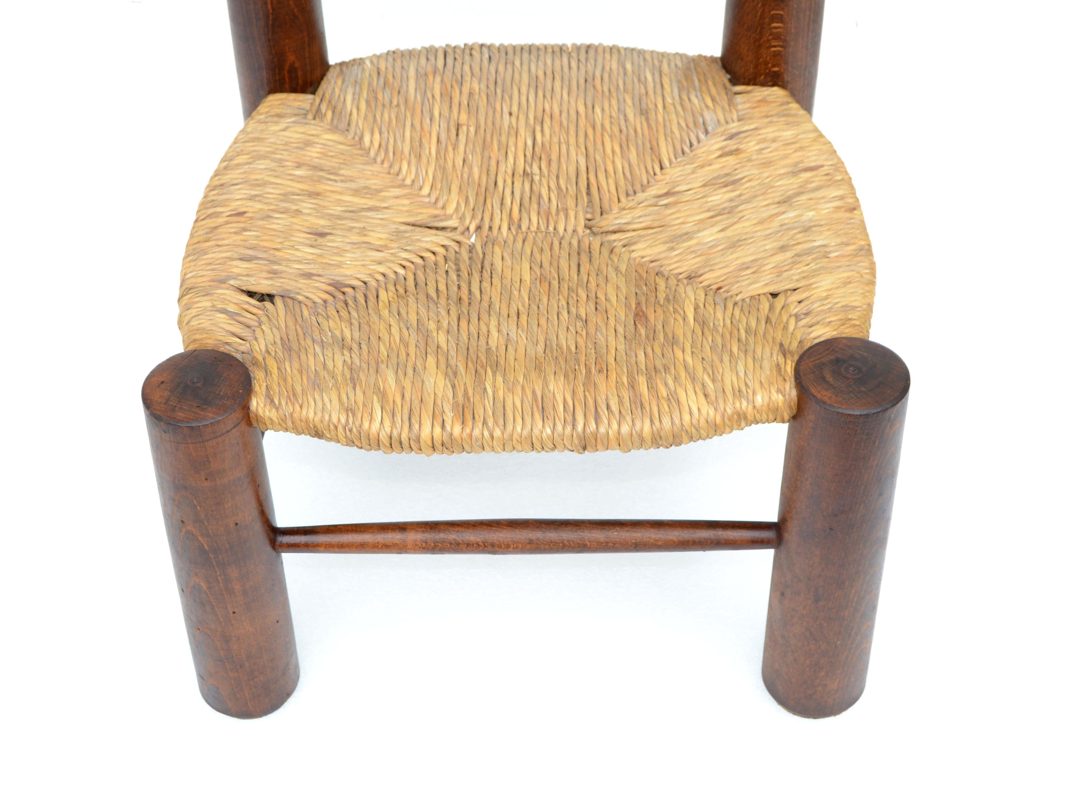 French Charlotte Perriand Style Turned Wood Kid's Chair Woven Rush Seat France 1960 For Sale