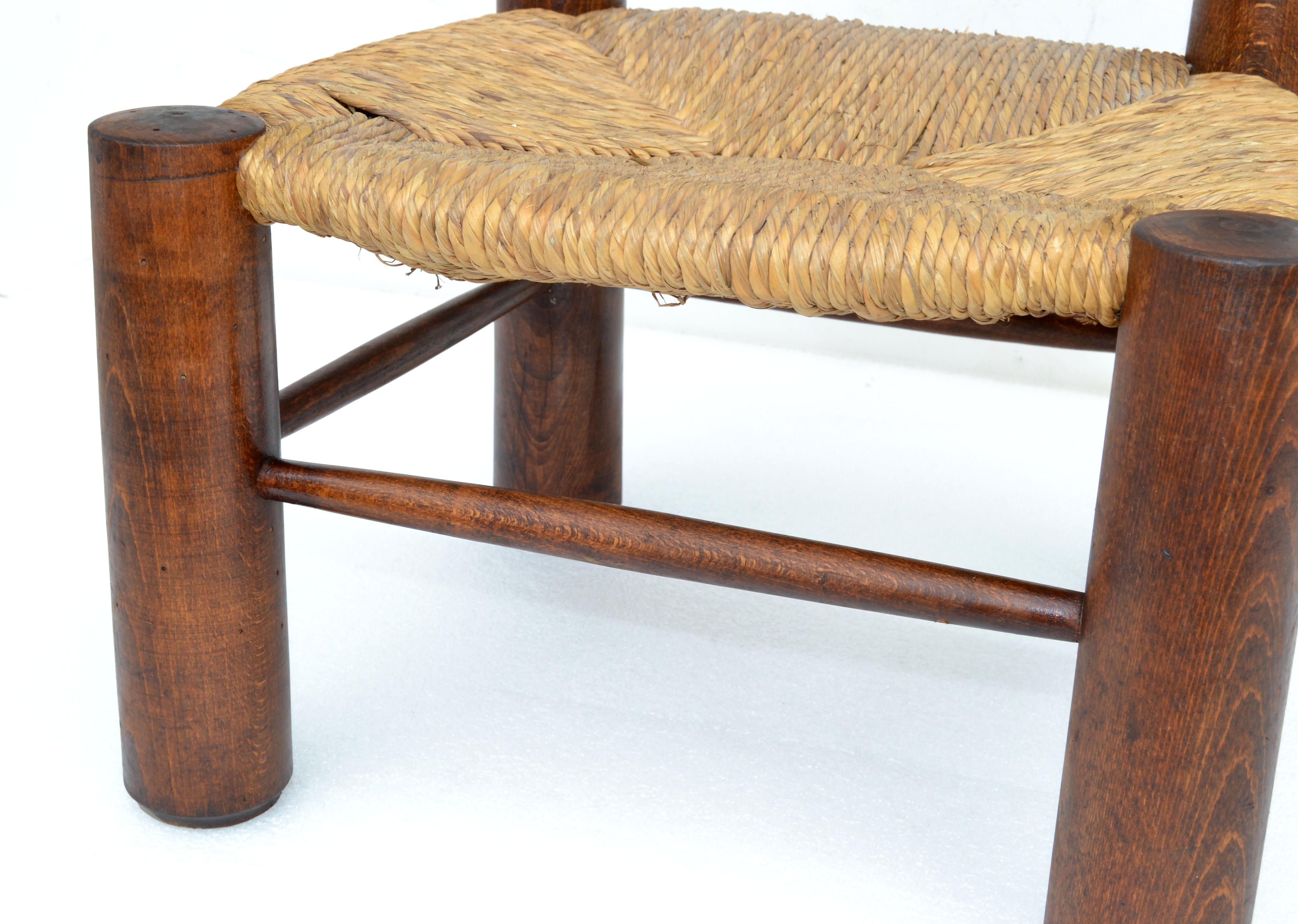 Mid-20th Century Charlotte Perriand Style Turned Wood Kid's Chair Woven Rush Seat France 1960 For Sale