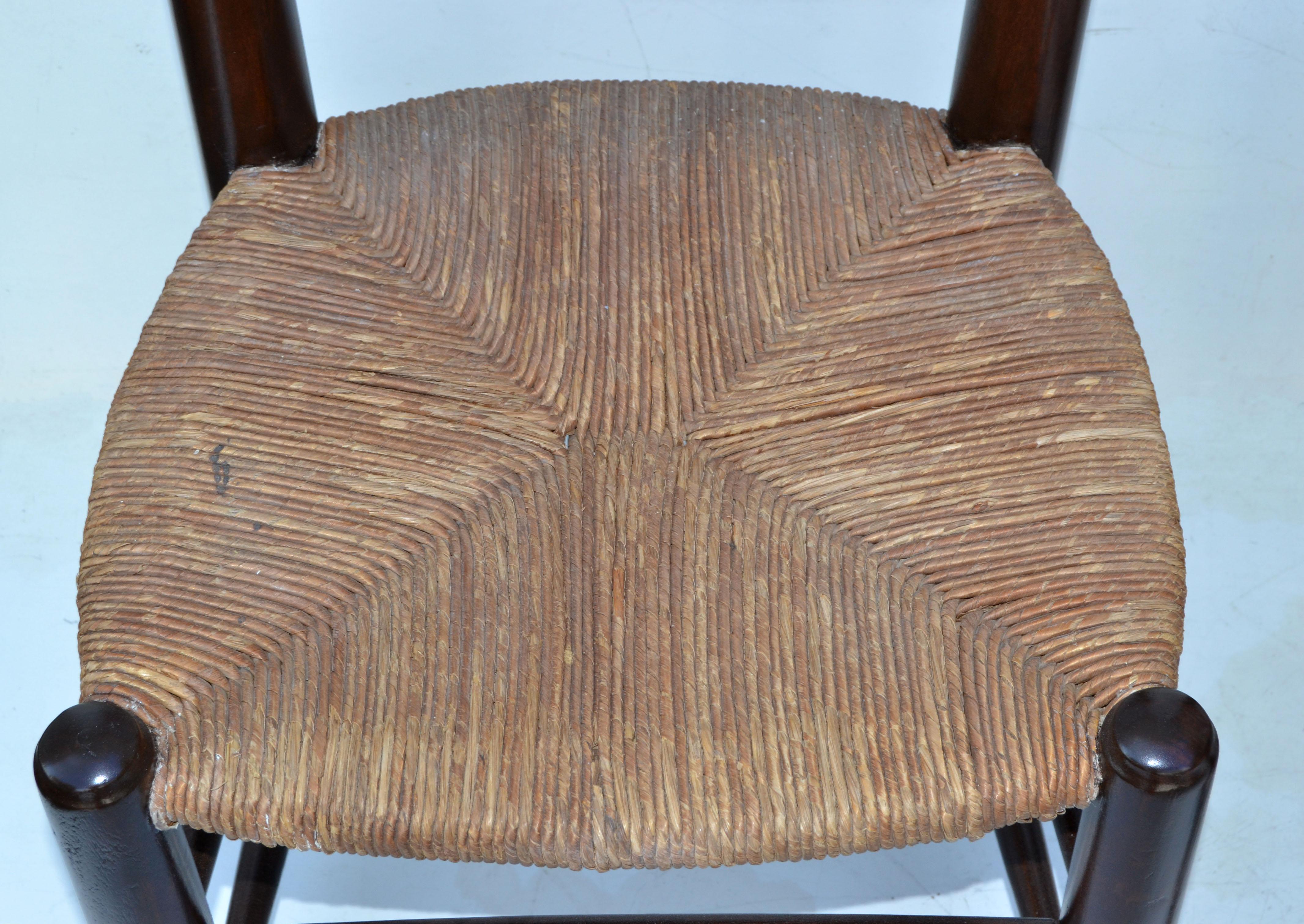Charlotte Perriand Style Turned Wooden Dining Chairs Woven Rush Seat Set of Six 4