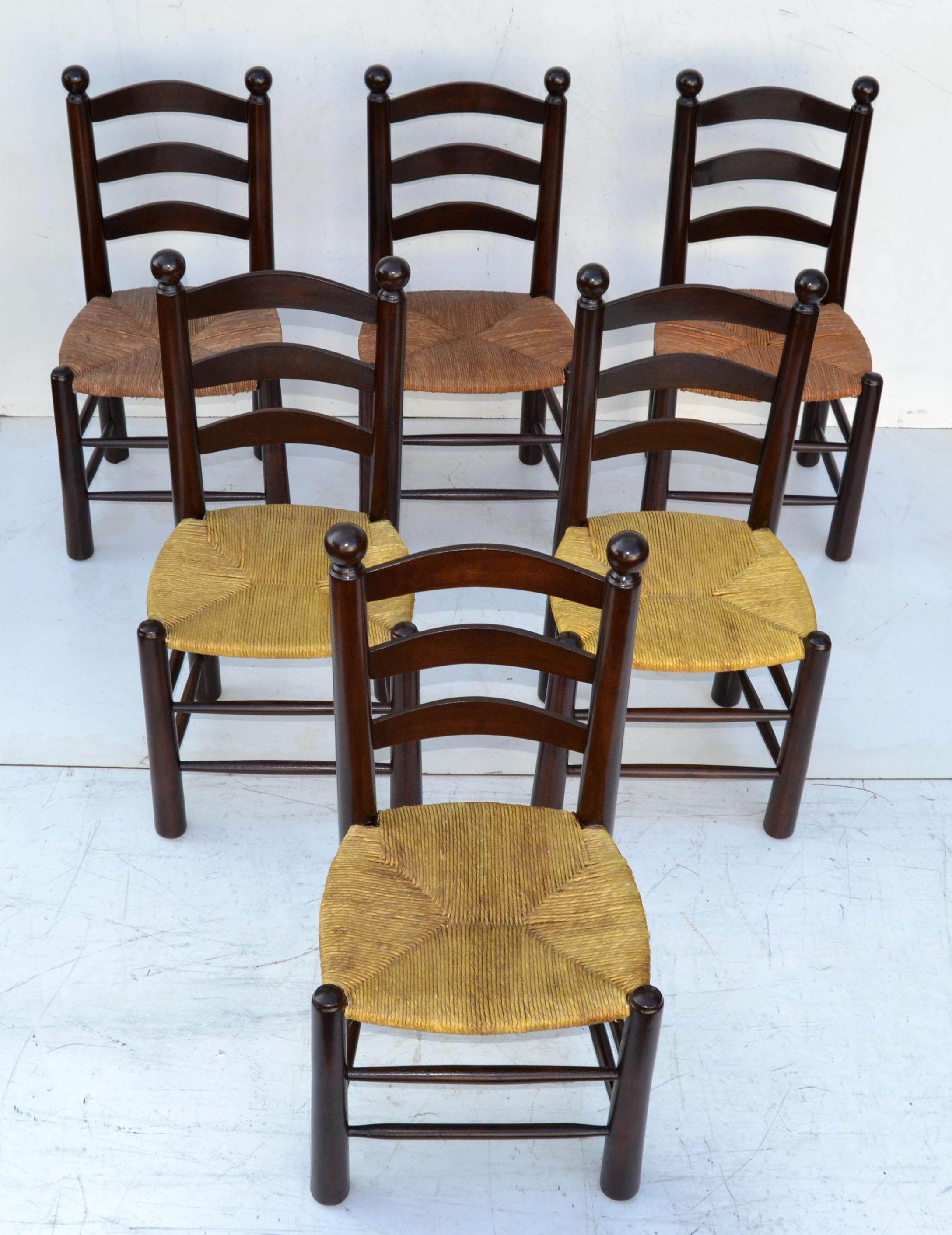 Charlotte Perriand Style Turned Wooden Dining Chairs Woven Rush Seat Set of Six 10