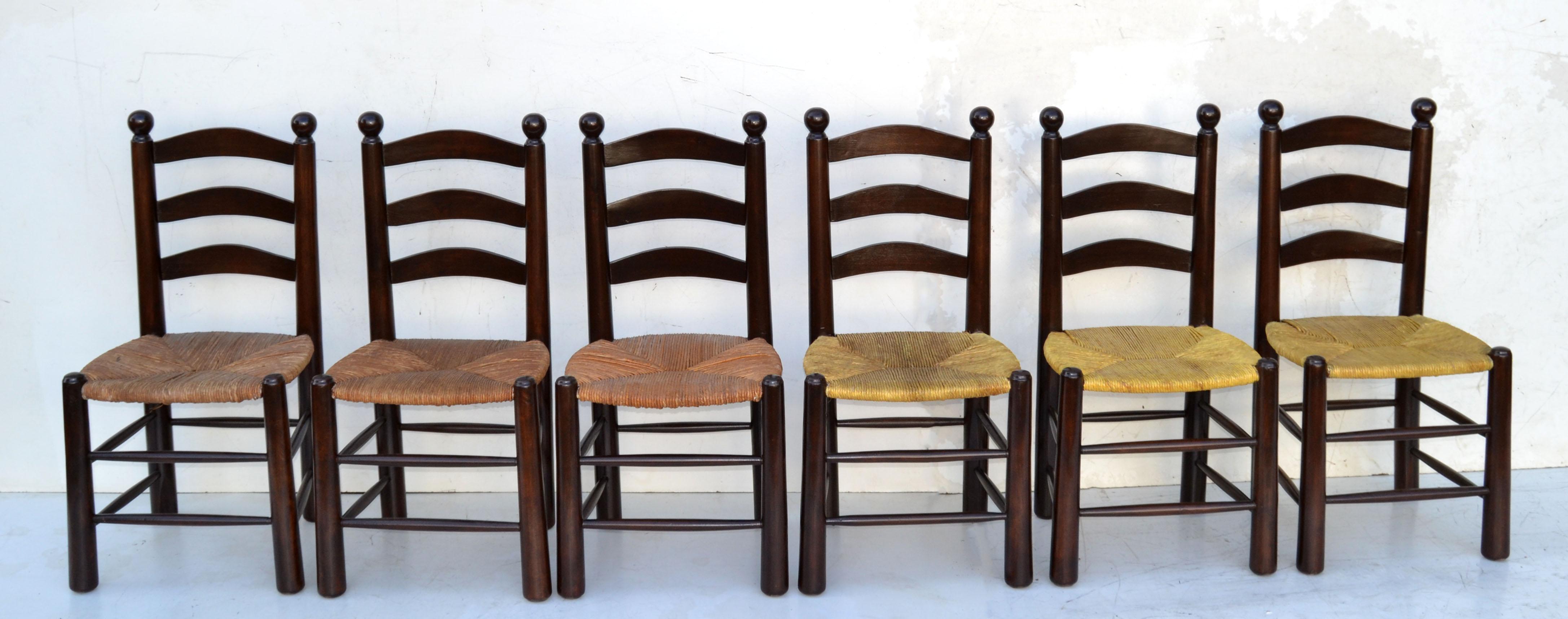 Charlotte Perriand Style Turned Wooden Dining Chairs Woven Rush Seat Set of Six 11