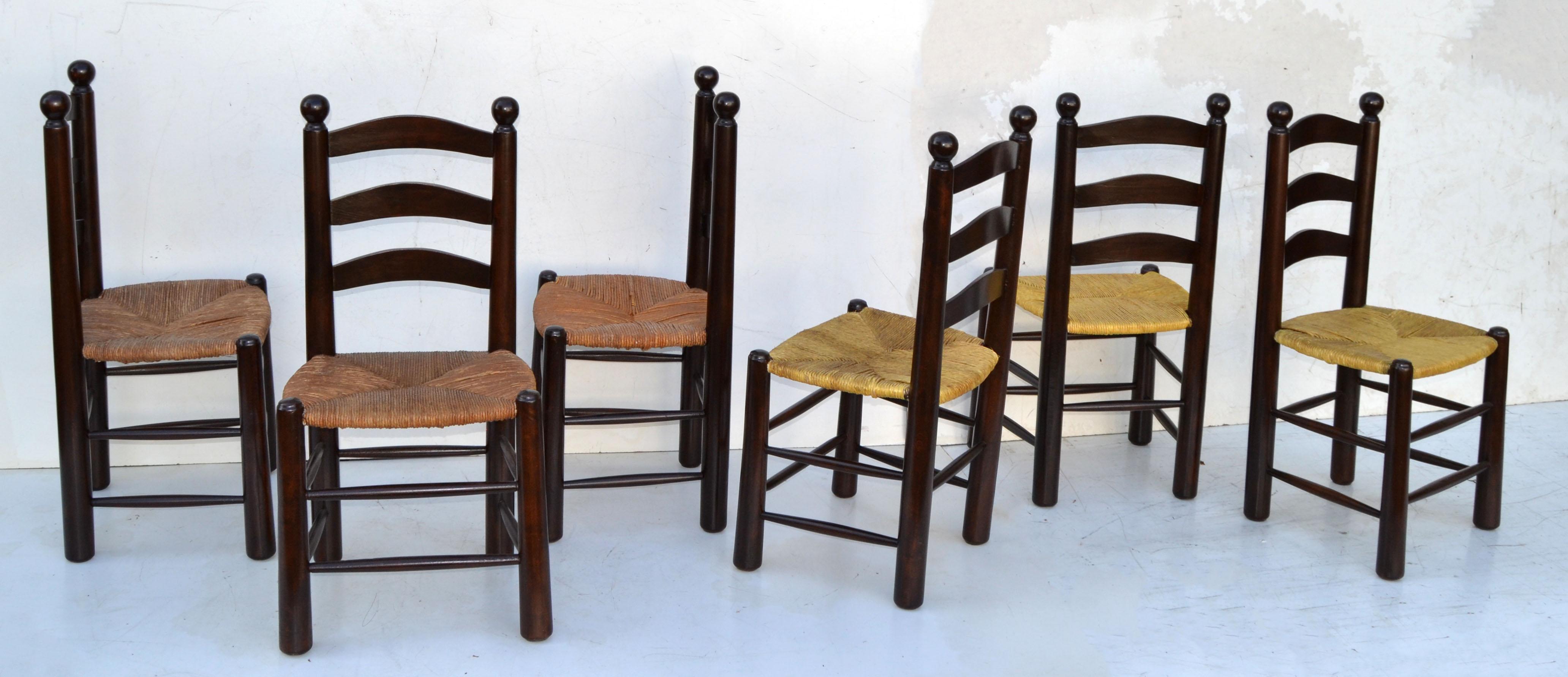 Mid-Century Modern Charlotte Perriand Style Turned Wooden Dining Chairs Woven Rush Seat Set of Six