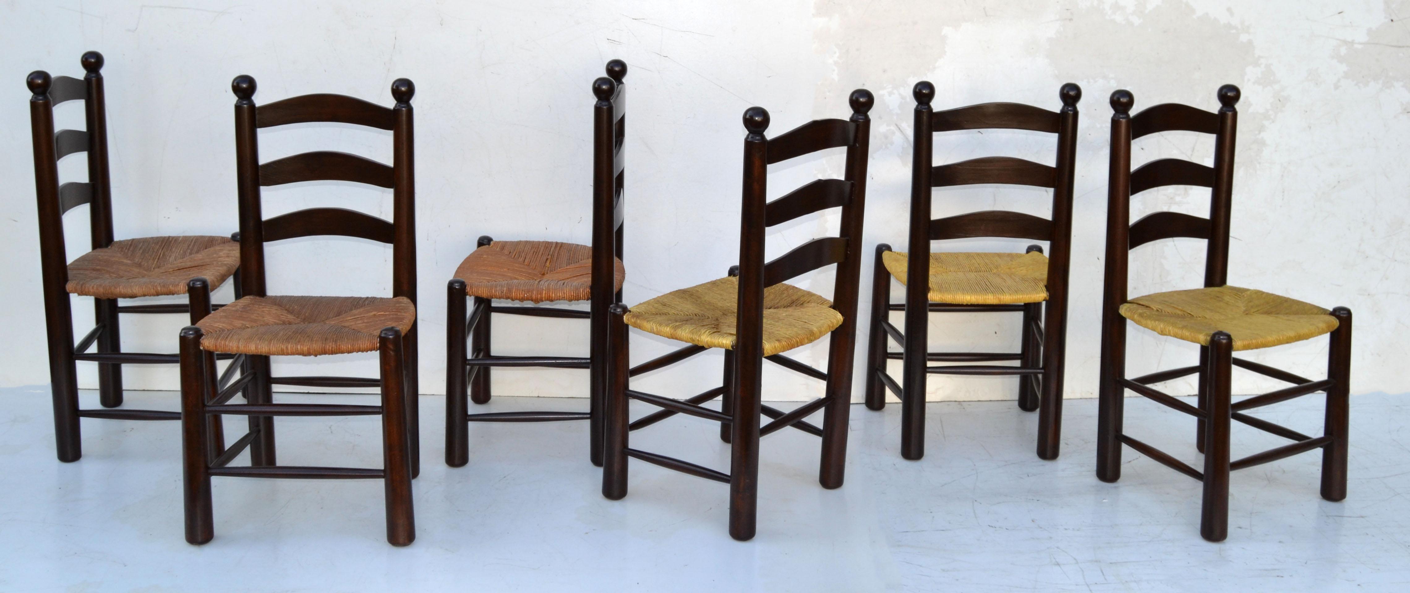 French Charlotte Perriand Style Turned Wooden Dining Chairs Woven Rush Seat Set of Six