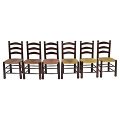 Charlotte Perriand Style Turned Wooden Dining Chairs Woven Rush Seat Set of Six