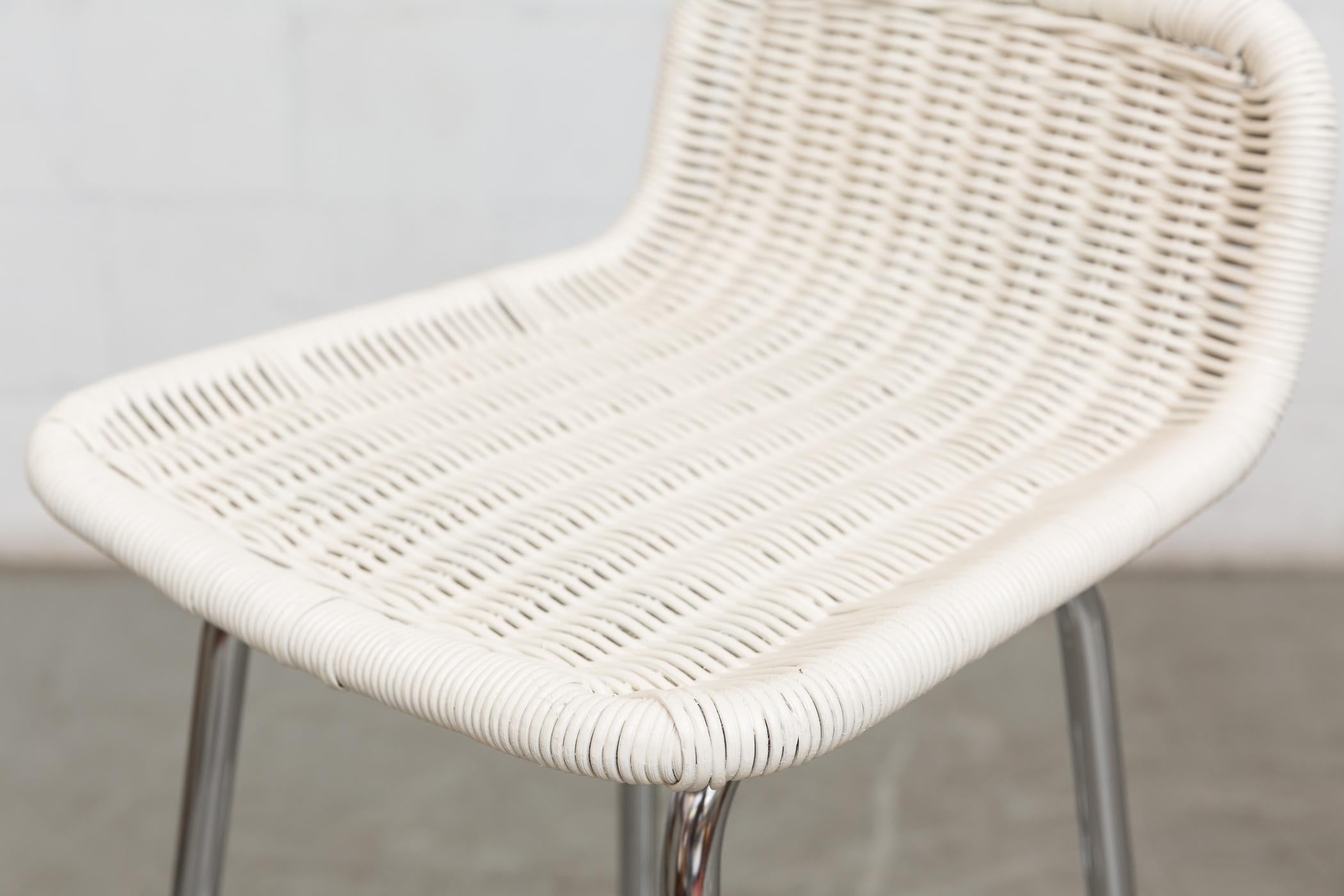 Dutch Charlotte Perriand Style White Wicker Bar Stools