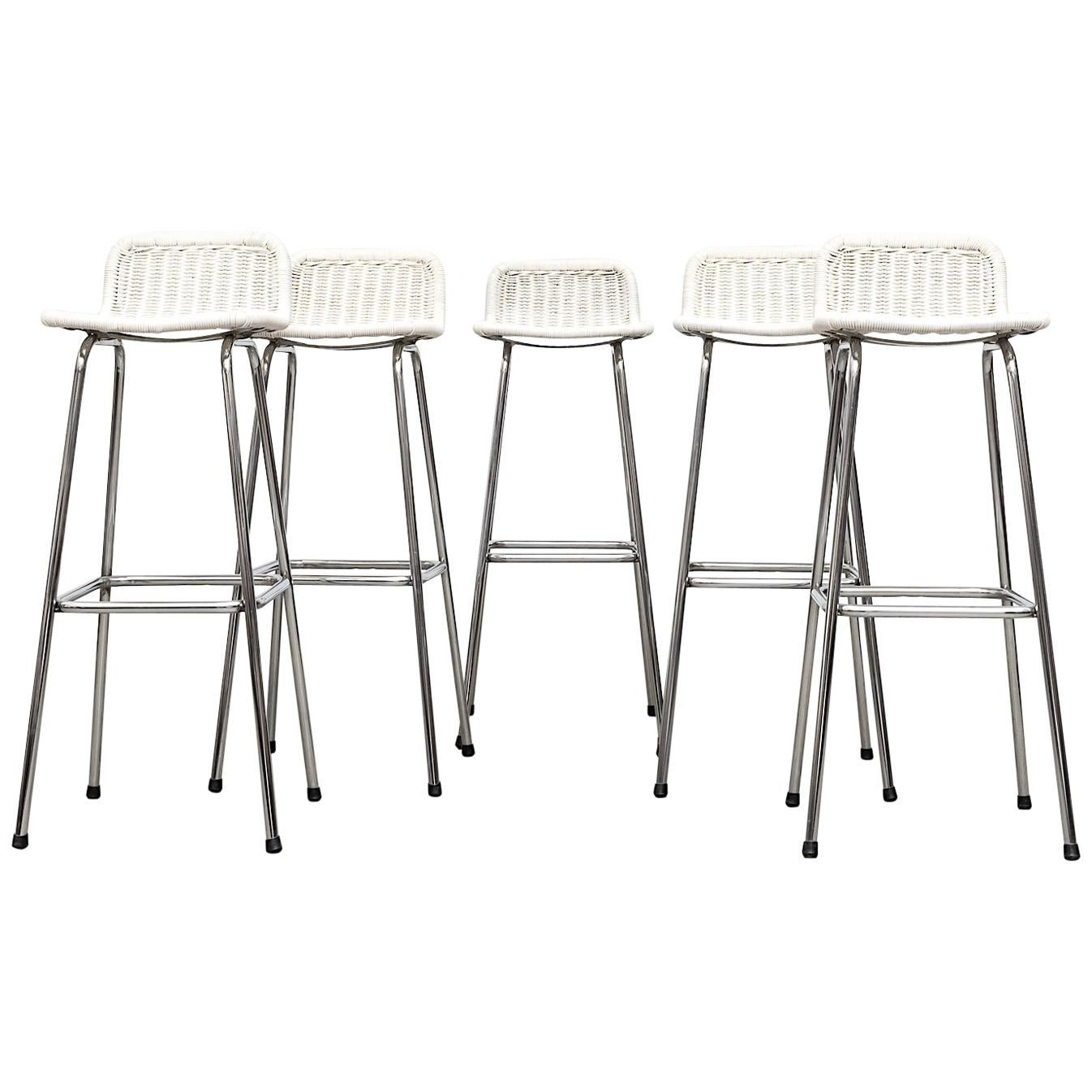 Charlotte Perriand Style White Wicker Bar Stools