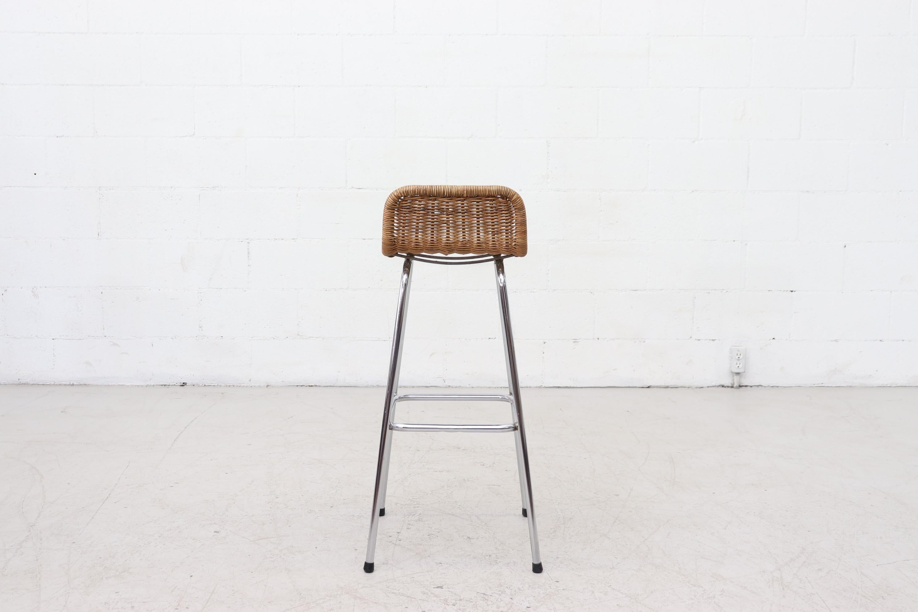 Dutch Charlotte Perriand Style Wicker and Chrome Bar Stools