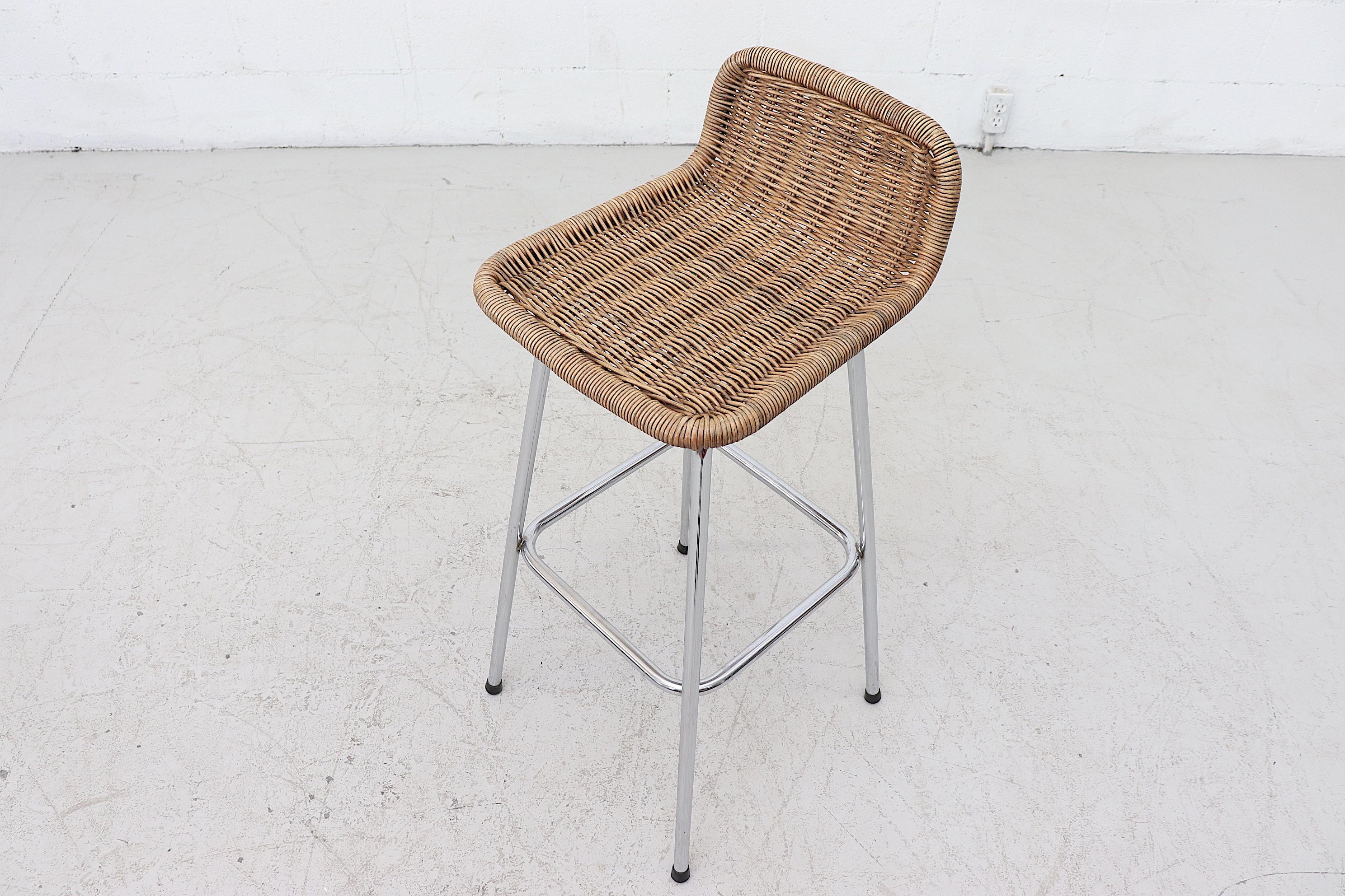 Charlotte Perriand Style Wicker and Chrome Bar Stools In Good Condition In Los Angeles, CA