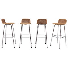Charlotte Perriand Style Wicker and Chrome Bar Stools
