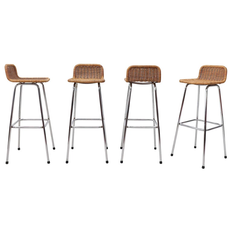 Charlotte Perriand Style Wicker And, Chrome Bar Stools