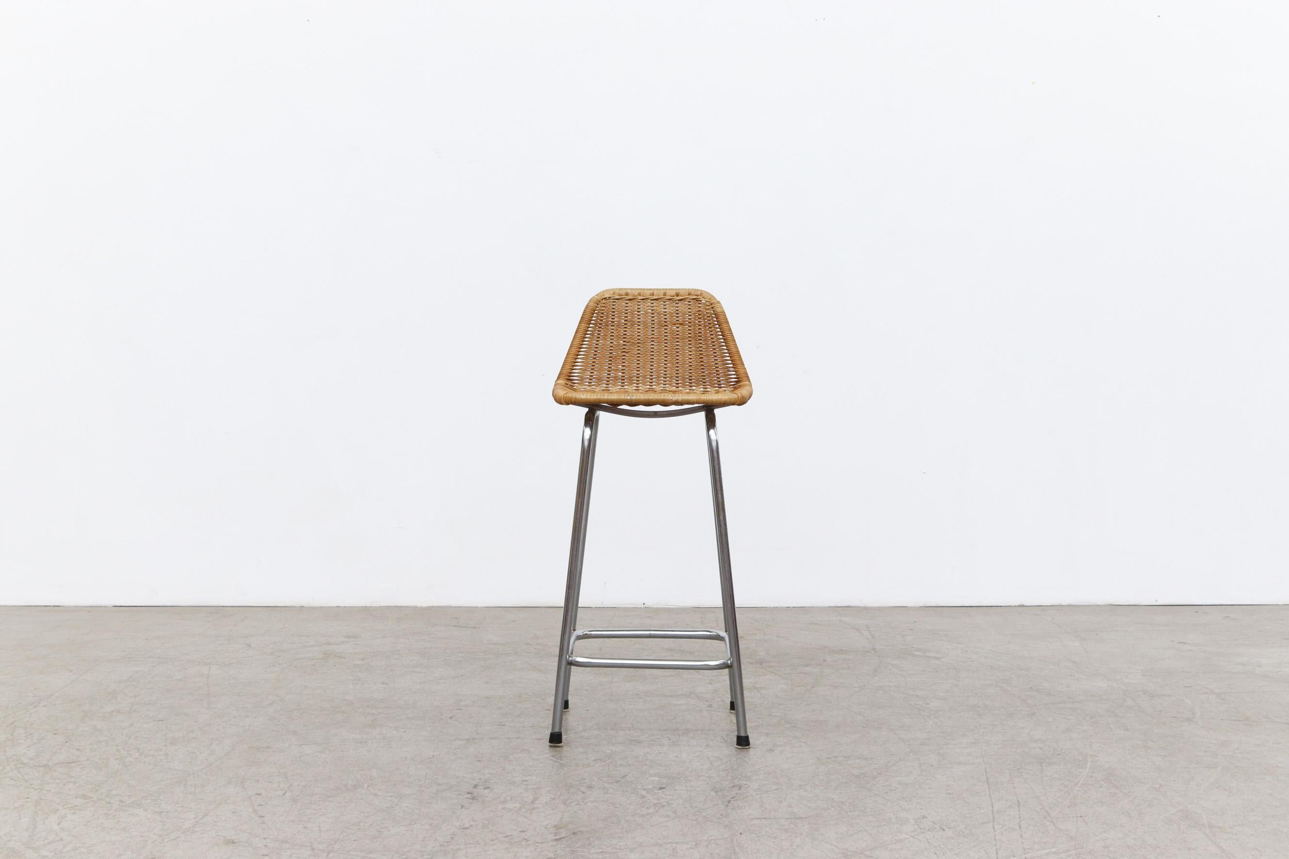 Charlotte Perriand Style Wicker Counter Stool with Chrome Legs by Dirk van Sliedregt with 25.75