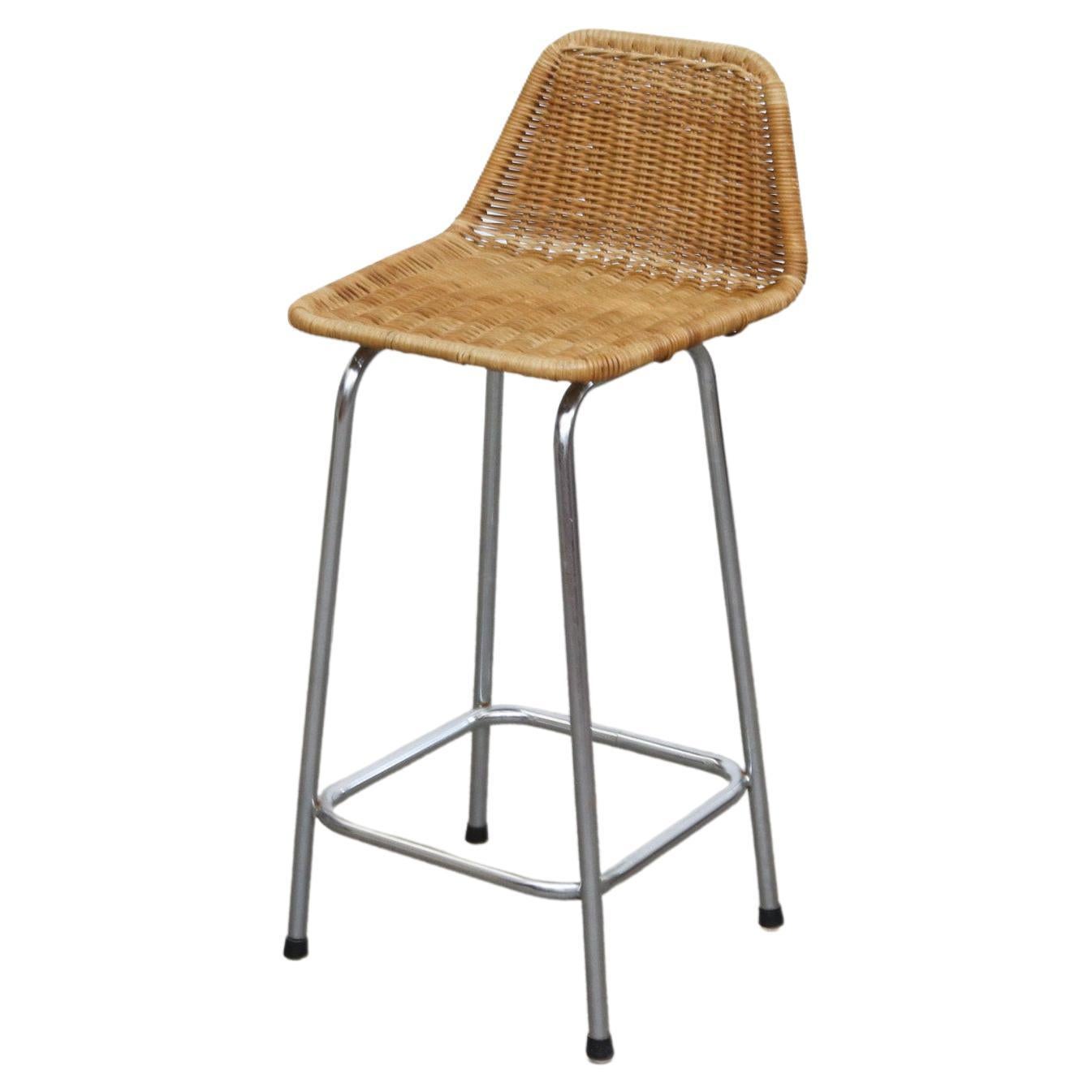 Charlotte Perriand Style Wicker Counter Height Stool with Chrome Legs