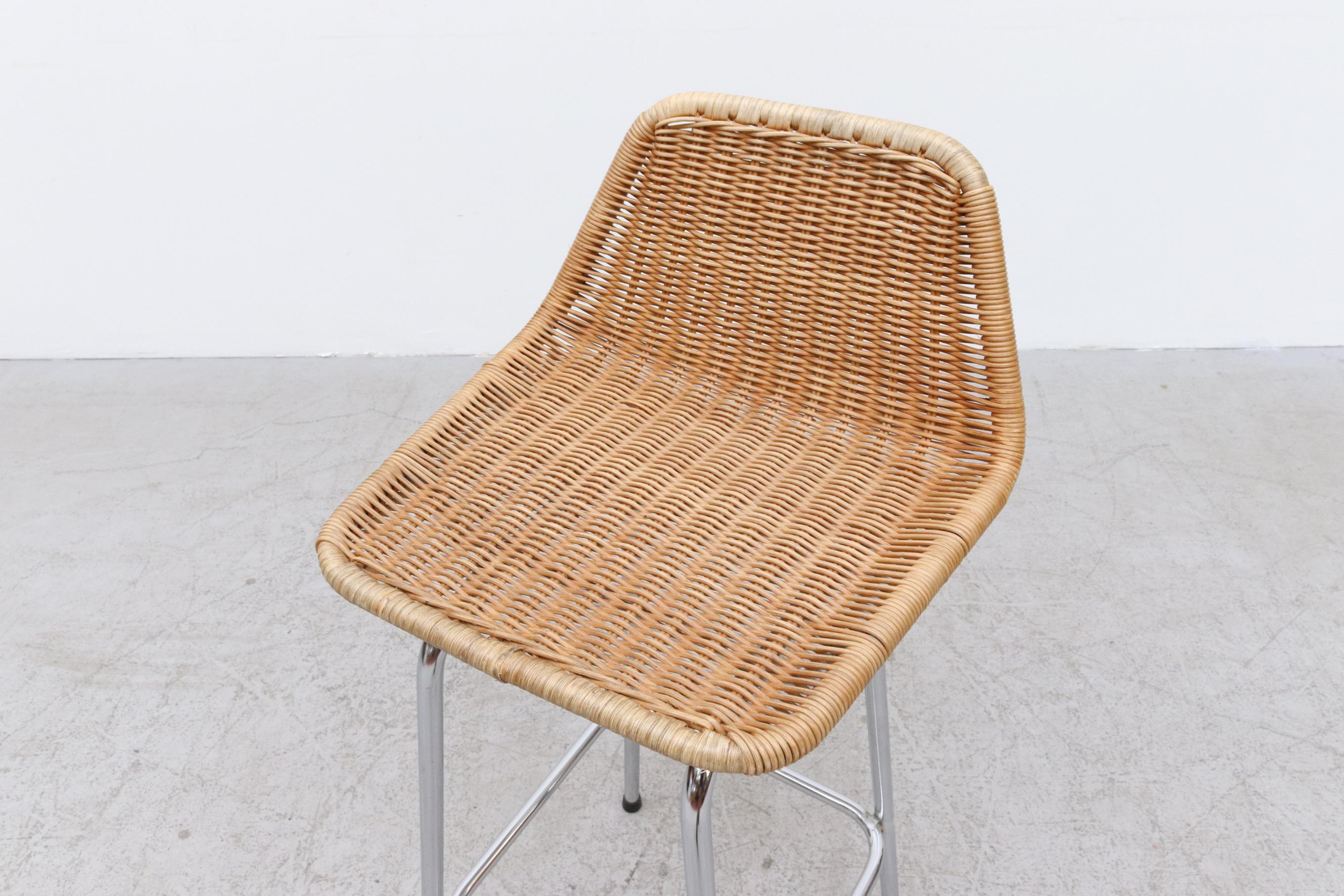 Dutch Charlotte Perriand Style Wicker Bar Stools with Angeled Back
