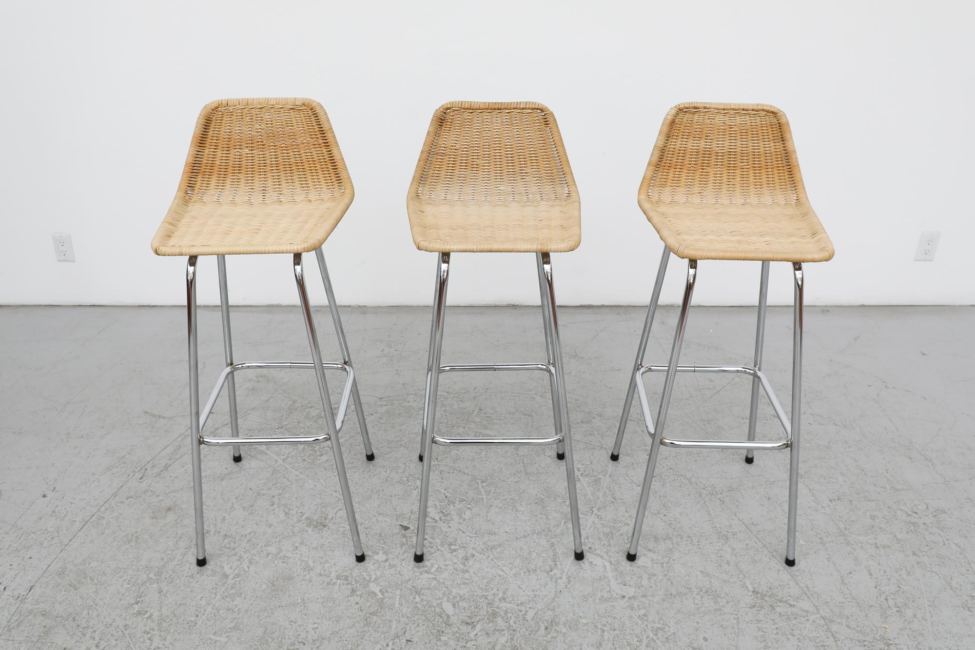 Mid-20th Century Charlotte Perriand Style Wicker Extra Tall Bar Stools With Angled Back