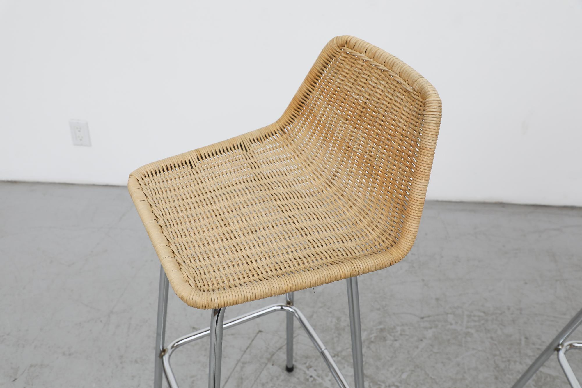 Metal Charlotte Perriand Style Wicker Bar Stools With Angled Back