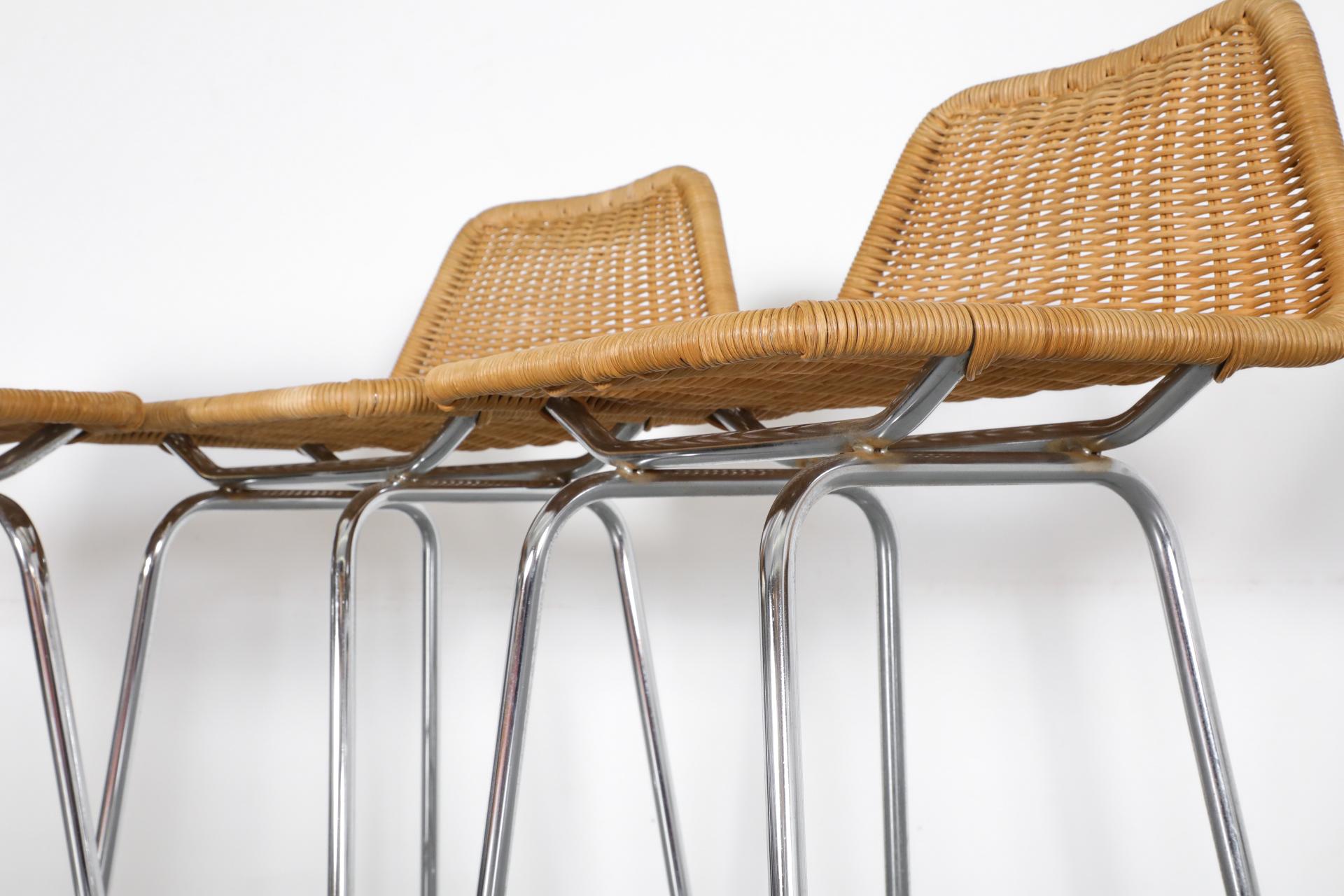 Charlotte Perriand Style Wicker Bar Stools with Angled Backs and Chrome Legs For Sale 4